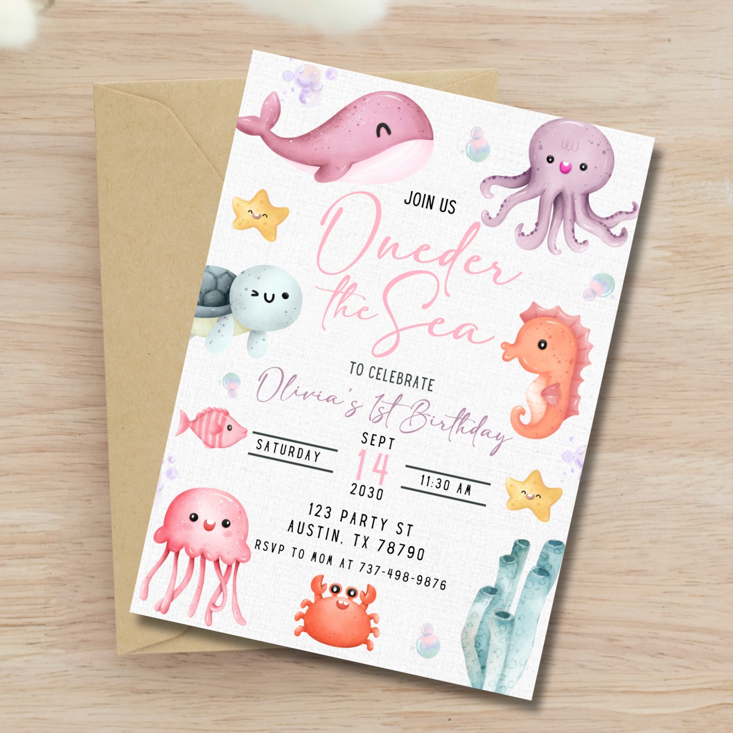 Oneder the Sea Birthday Invitation | Girl 1st Birthday Party Under the Sea | Editable Canva Template | Ocean Mermaid Sea Animals Theme product image (3)
