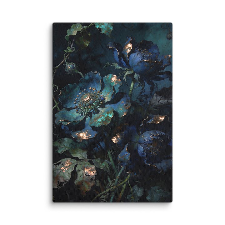 Midnight Blue Peonies | Dark Botanical Oil Painting Print | Gold Leaf Floral Canvas Art | Moody Maximalist Wall Decor | Dutch Master Floral Art Print product image (1)