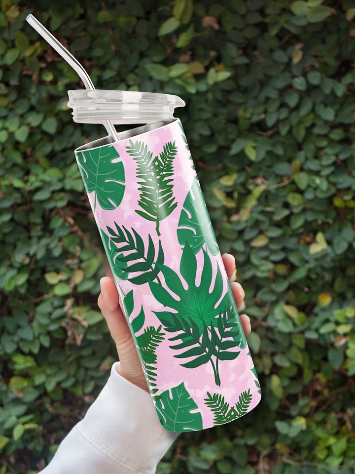 Jungle Leaves Pattern- Pink Background Stainless Steel Tumbler product image (1)