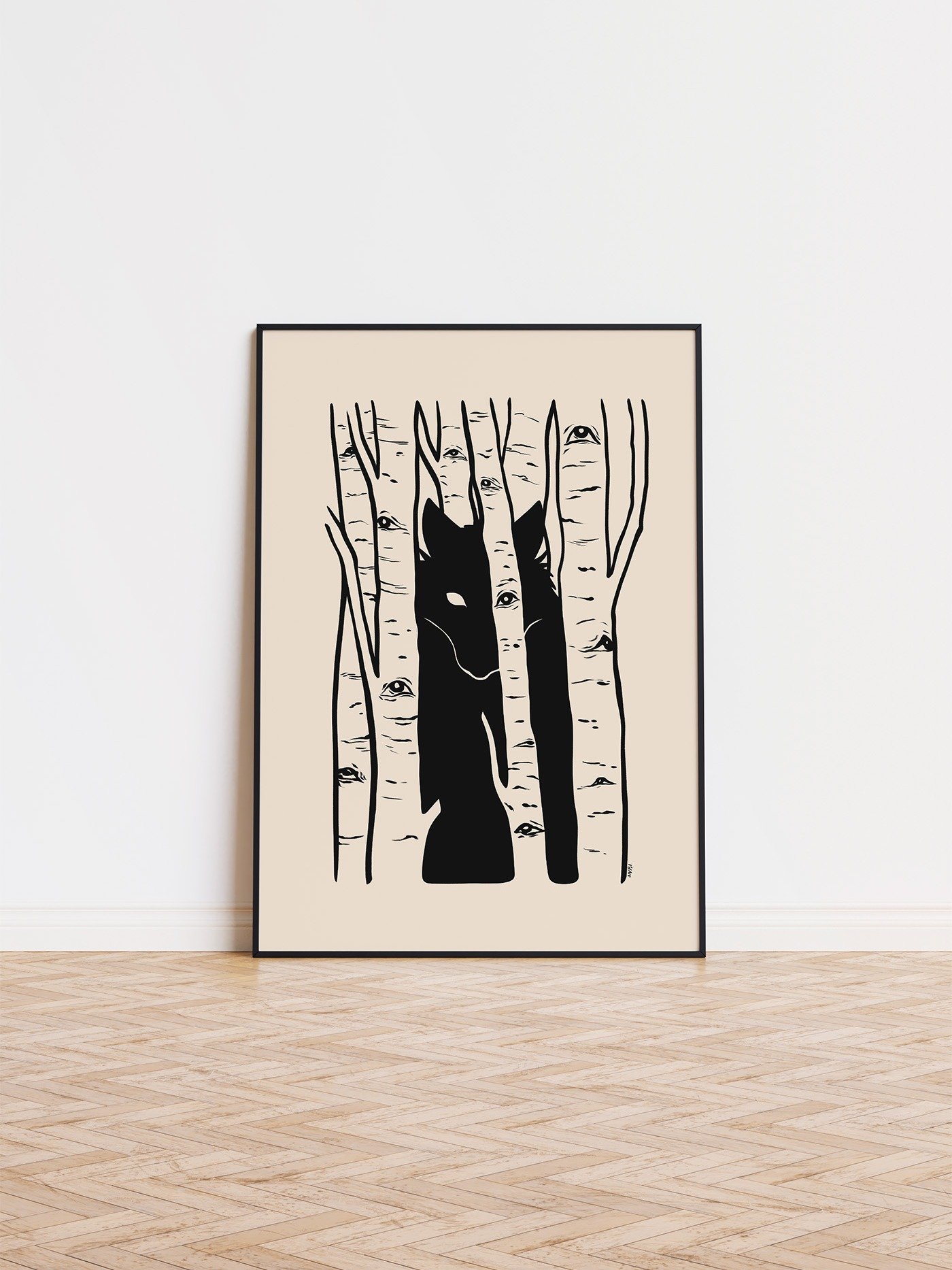 Aspen Eyes Hidden Watcher, Birch Trees & Black Wolf Art product image (1)