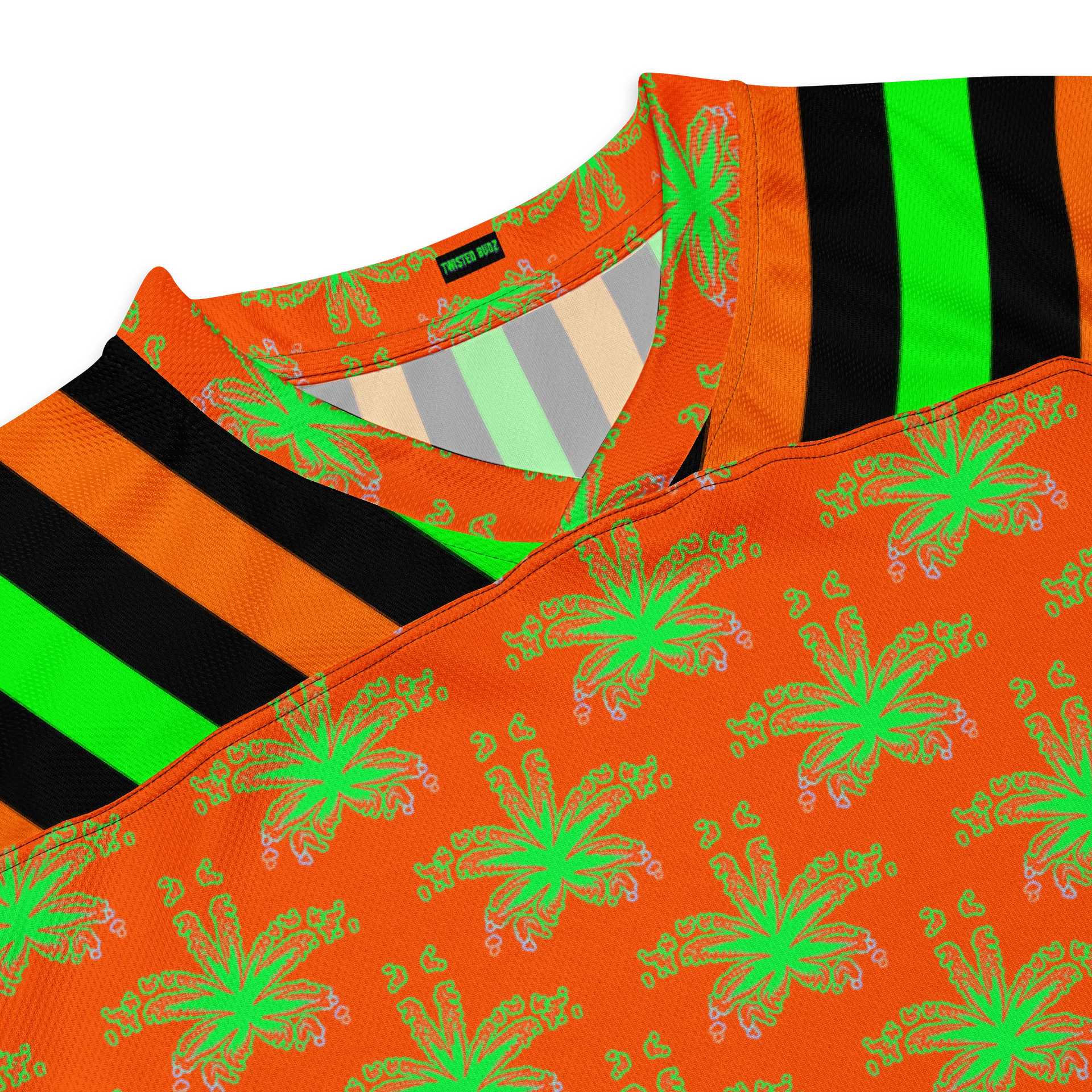 Weed Halloween Hockey Jersey, Cannabis 420 EDM Shirt, Pot Leaf Festival Ravewear, Green Orange Black Stoner Circus Stripe Clowncore Clothing product image (2)