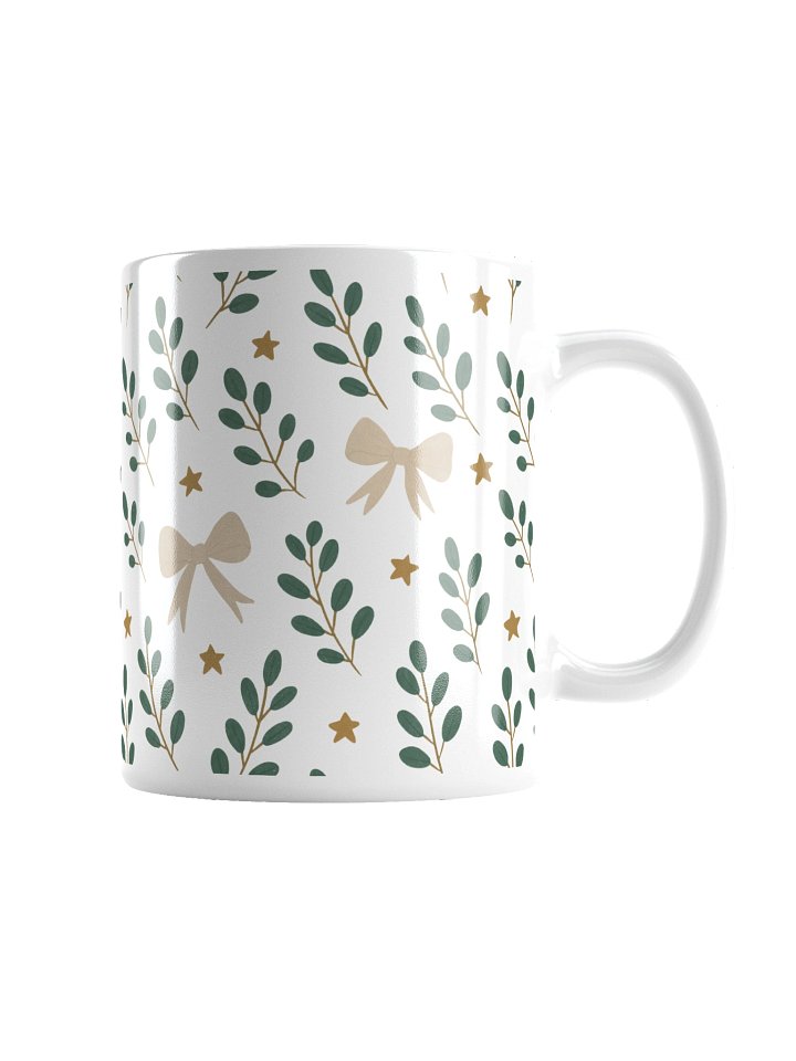 White glossy mug ribbons & stars botanical Christmas. Elegant botanical holiday mug product image (4)