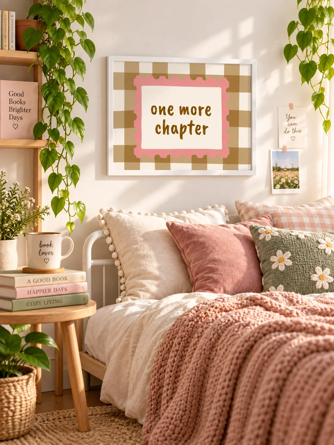 One More Chapter Printable Wall Art | Book Lover Reading Nook Poster | Pink Checkered Library Decor | Digital Download product image (6)
