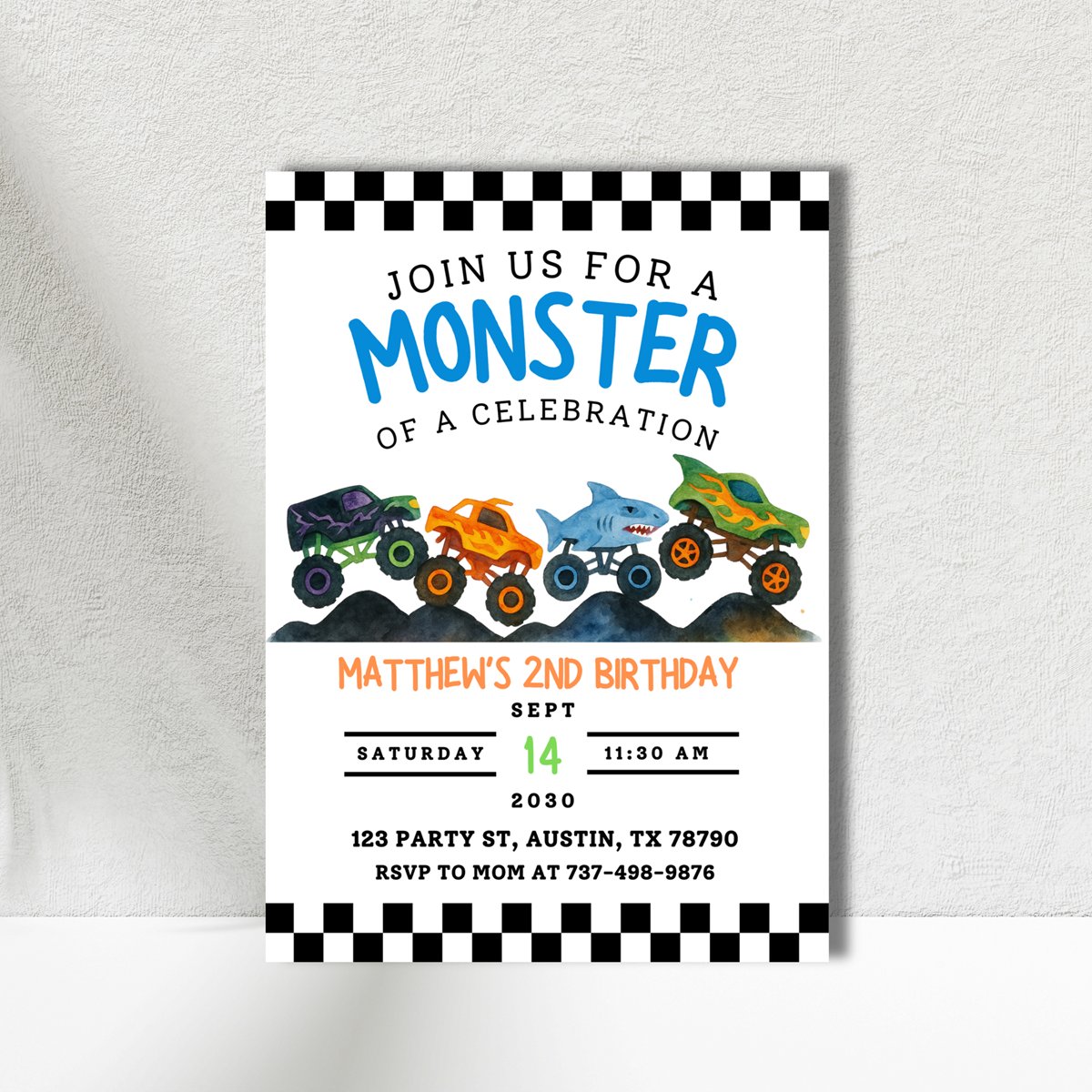 Monster Truck Birthday Invitation | Editable Canva Template | Boys 2nd Birthday Invite | Monster Jam Party | Watercolor Trucks Theme product image (5)