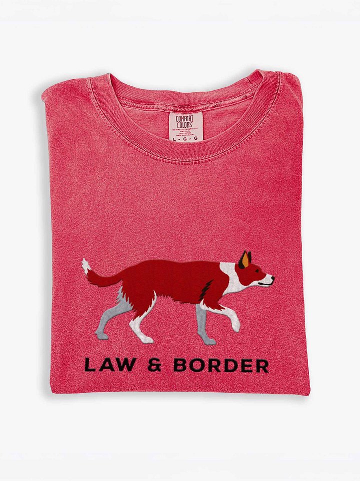 Law and Border T-Shirt(Embroidered) of a Smooth-Coated Border Collie(Red & White) product image (2)