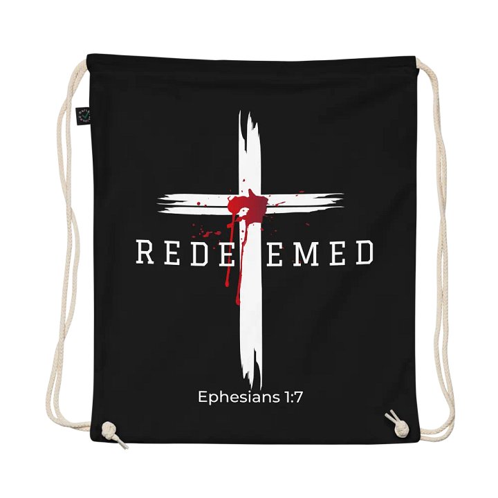 Redeemed by the blood of Jesus - Ephesians 1:7 Organic Cotton Drawstring Bag product image (1)