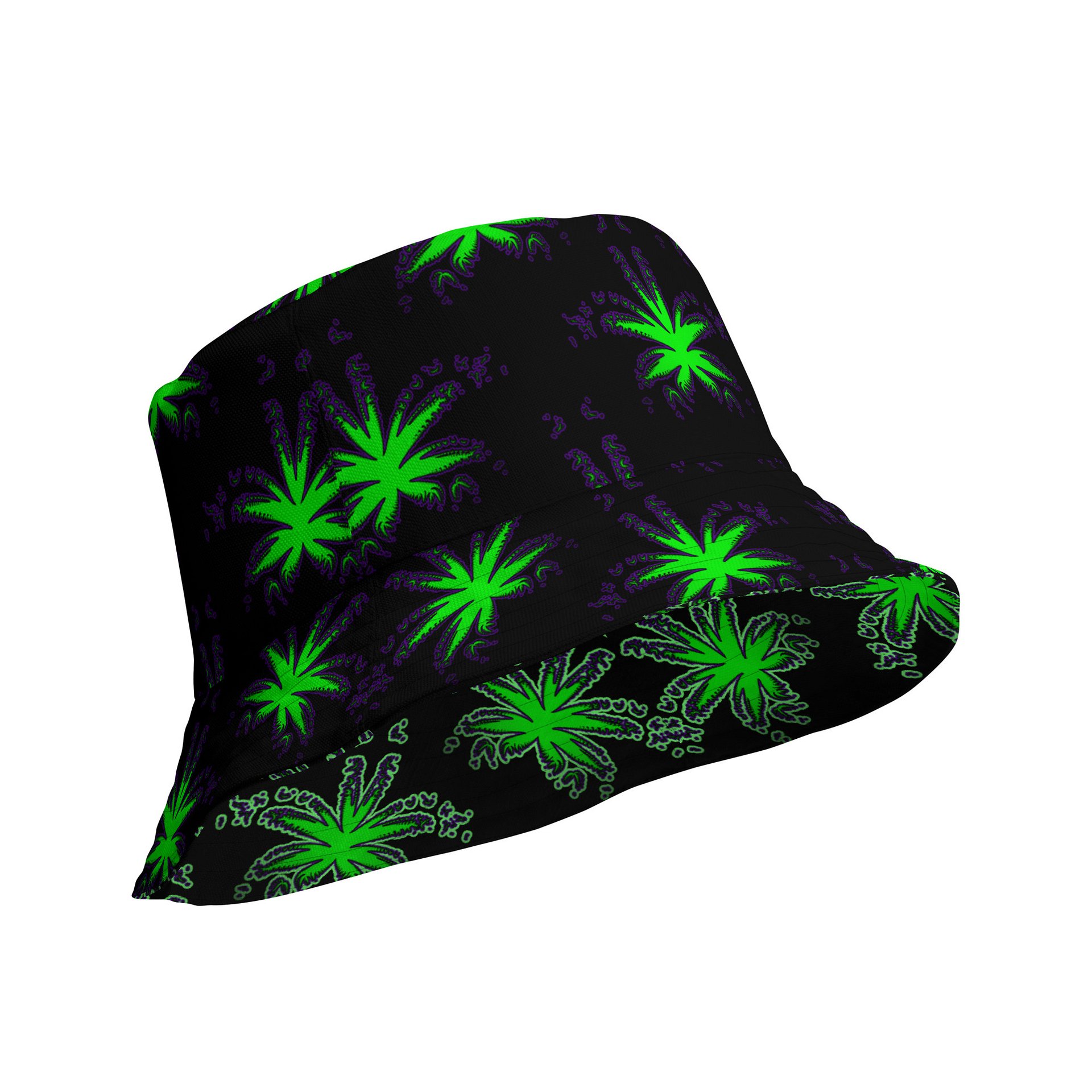 Cannabis Reversible Bucket Hat, 420 Rave Stoner Accessory, Pot Leaf Pattern Festival Fashion, Black Neon Green Purple Weird Weed Art product image (4)