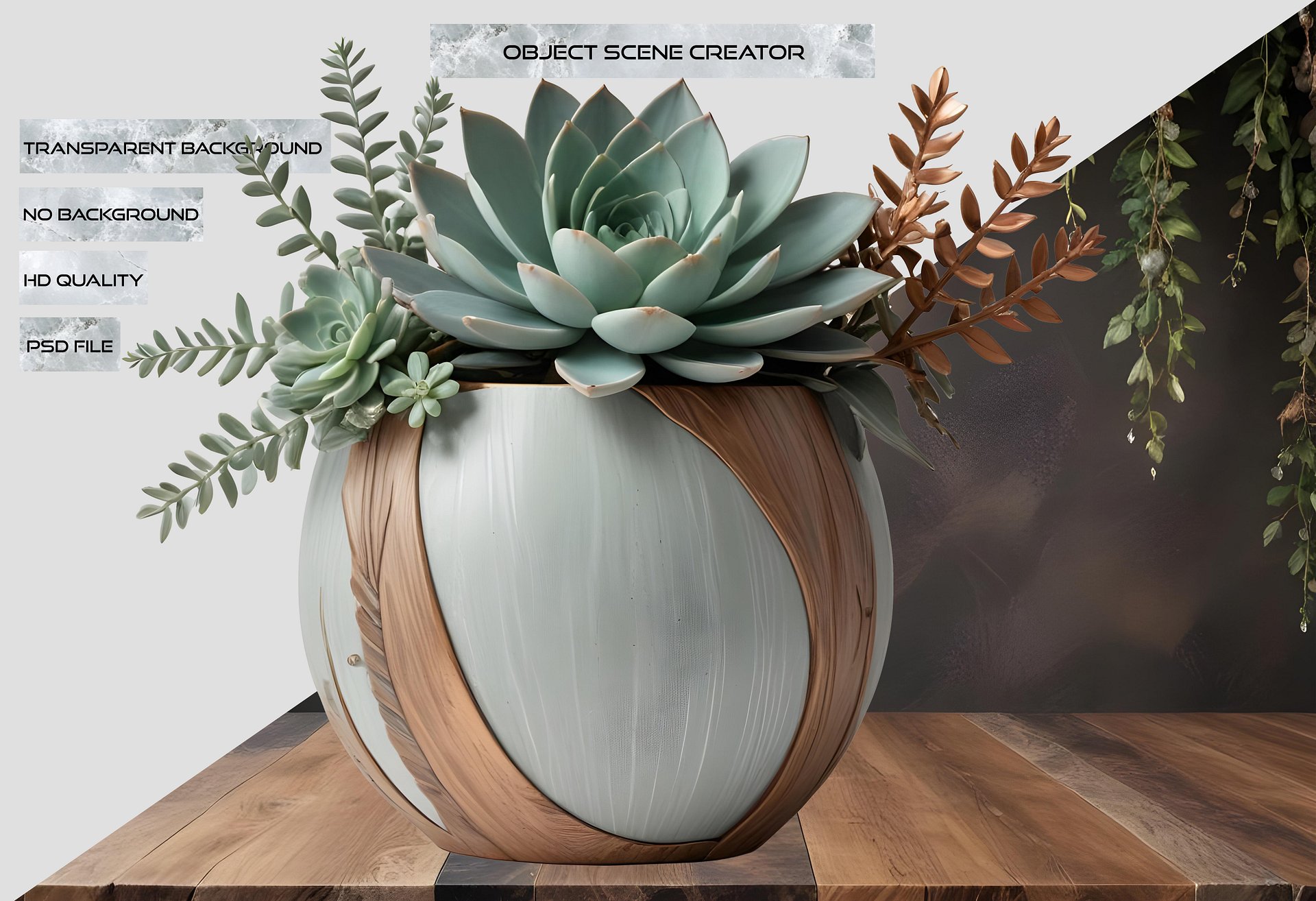 Gatsby Grace – Art Deco Succulent Vase with Wooden Accents PNG product image (2)