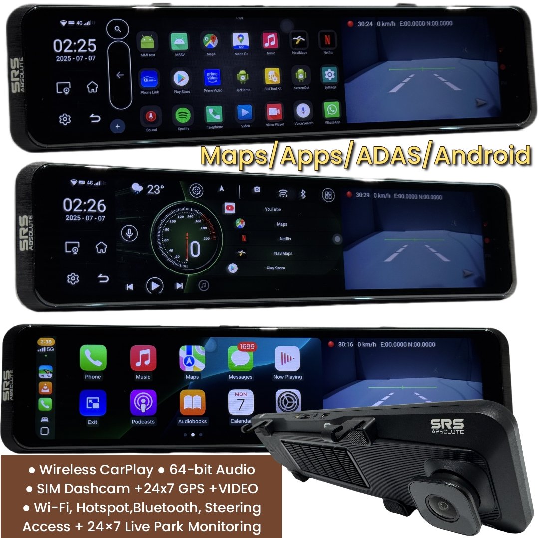 SRS ABSOLUTE 8GB RAM 4G Smart Dash Cam Android14 ADAS Wireless CarPlay GPS 24x7 Remote Audio-Video Monitor Multi-Task | 1TB MicroSD Support | Maps-Apps Support | Steering Control |Split Screen product image (11)