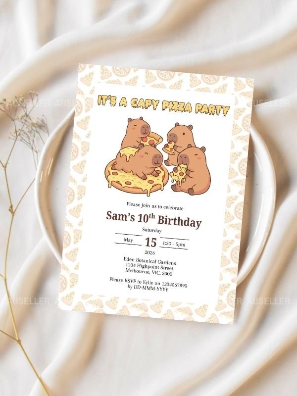 Capybara Pizza Party Birthday Invitation and Printable Treat Bag and Envelope product image (2)