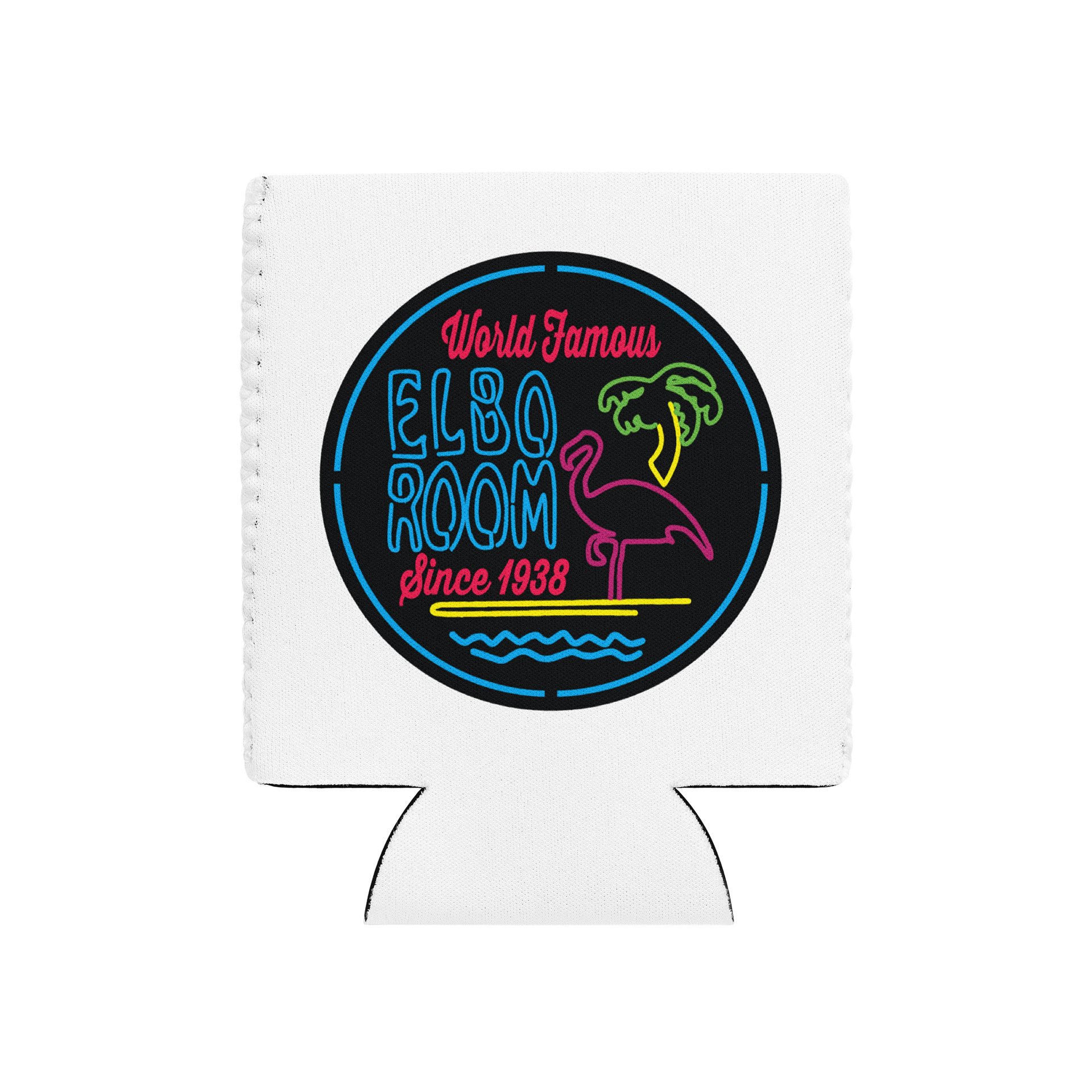 Elbo Room World Famous Neon Flamingo Can Koozie | Classic White product image (1)