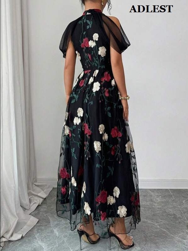 ADLEST | Elenzga Women's Summer New Romantic French Elegant Delicate Valentine's Day Date Party Wedding Season Mesh Embroidery Vintage Floral Black Off-Shoulder Cinched Waist A-Line Maxi Dress product image (1)