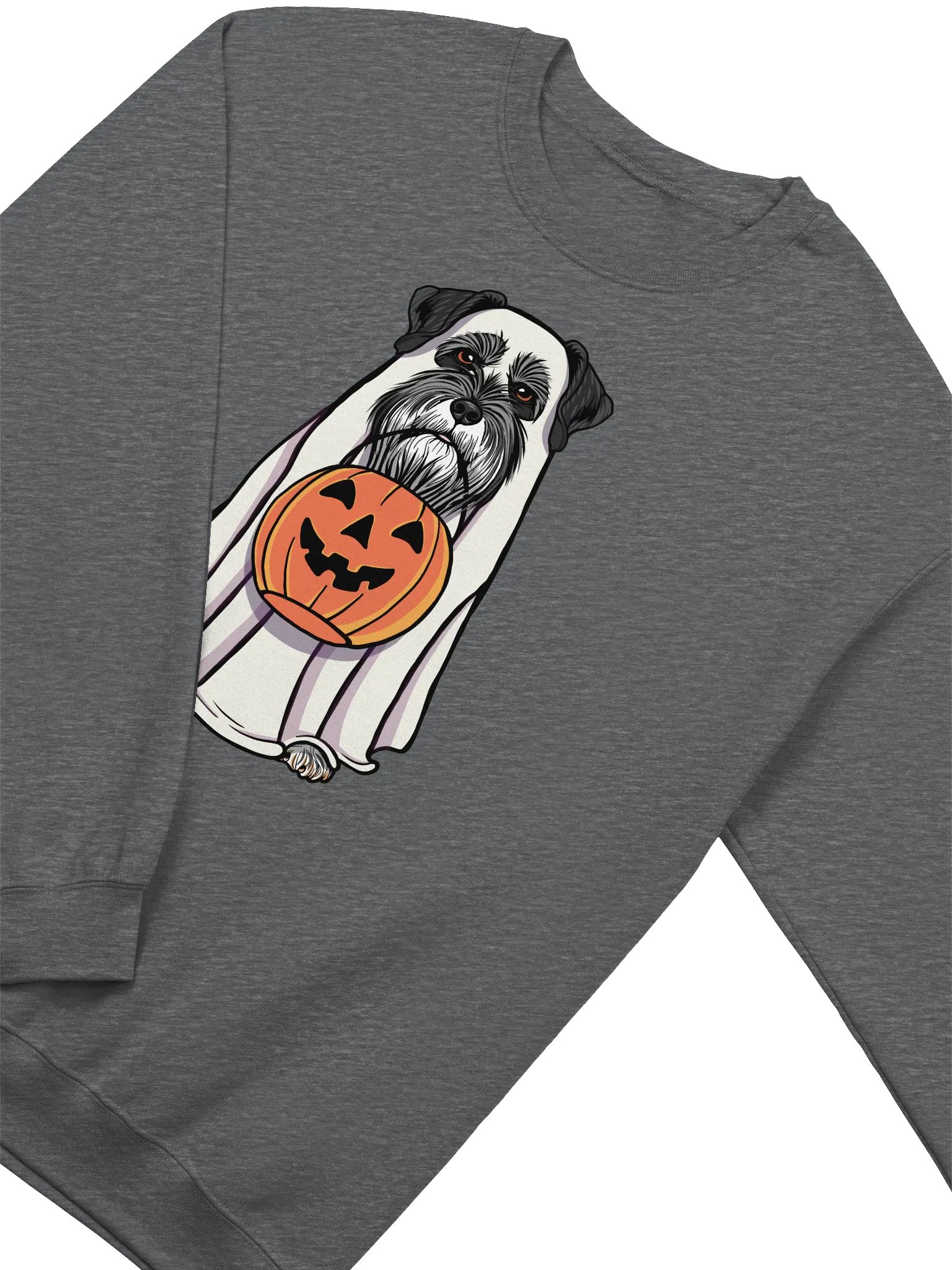 Funny Halloween Schnauzer(Black) Sweatshirt | Funny Schnauzer Wearing a Ghost Costume and Holding a Pumpkin Basket product image (4)
