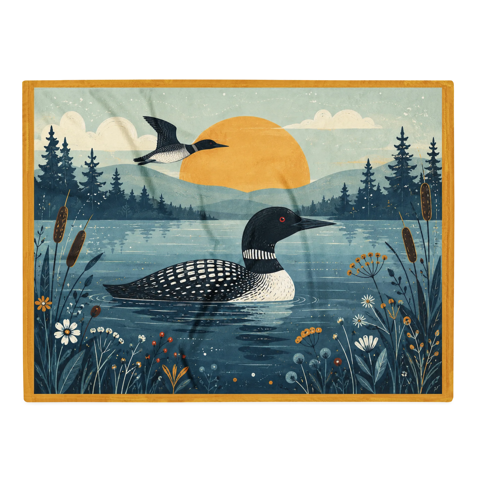 Loons at Golden Lake Folk Art Throw Blanket product image (2)