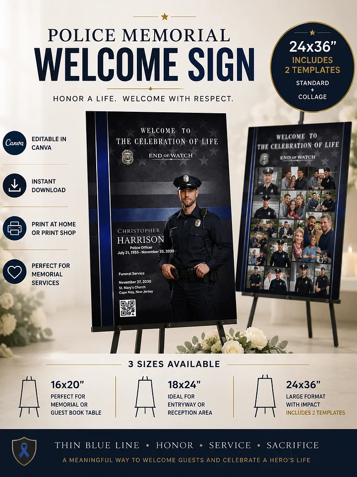 Police Memorial Welcome Sign - Thin Blue Line Canva Template product image (1)