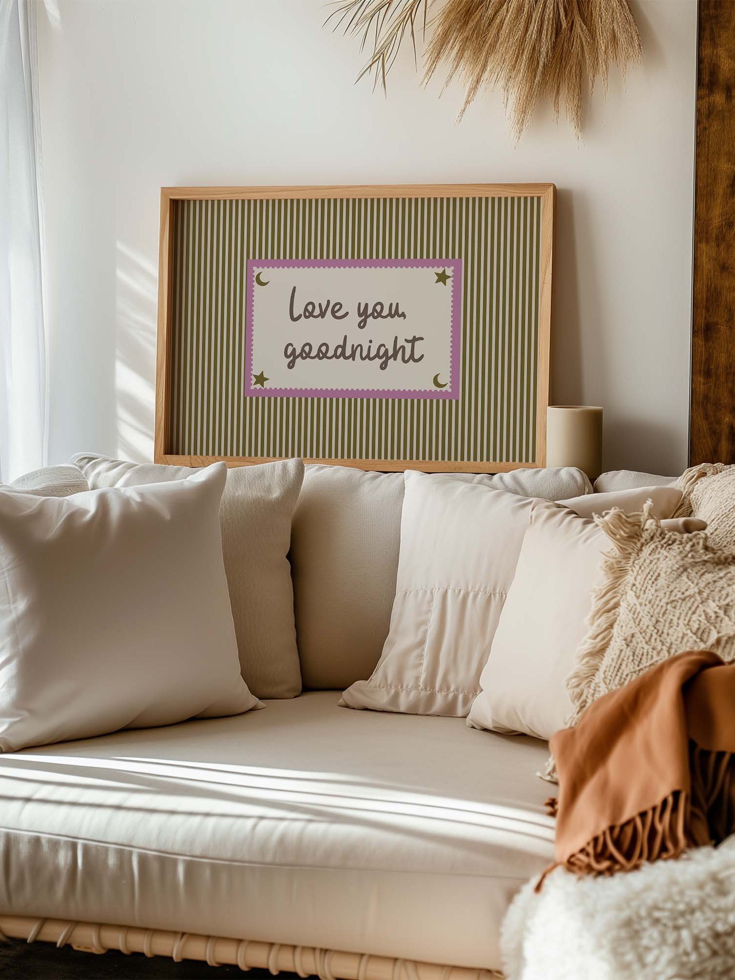 Love You Goodnight Print, Retro Striped Moon Star Wall Art, Handwritten Quote, Neutral Nursery Bedroom Decor, Horizontal Digital Download product image (4)