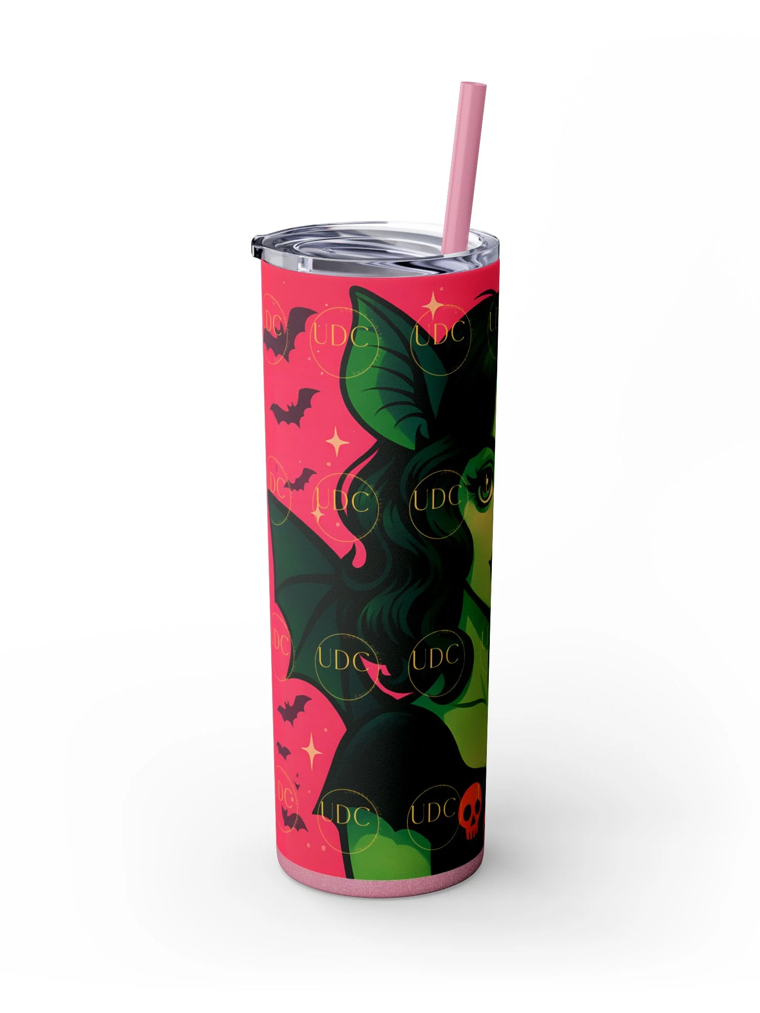 Green Bat-Wing Witch Halloween Tumbler Wrap PNG – Spooky Glam Girl with Pumpkin & Pink Bat Background for 20oz Skinny Tumblers product image (5)