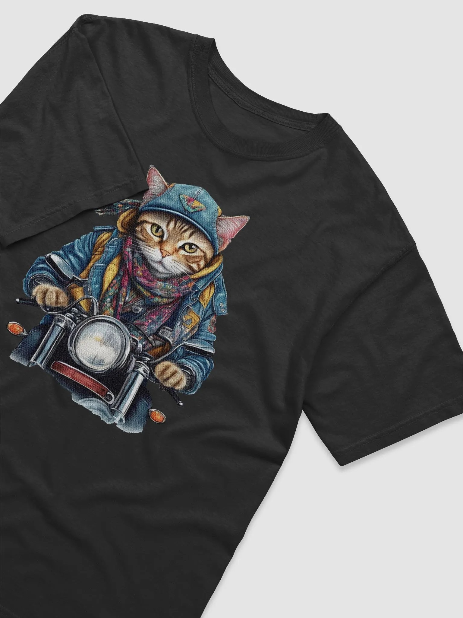 cat wearing a jackets hat and a scarf on a motorcycle product image (3)