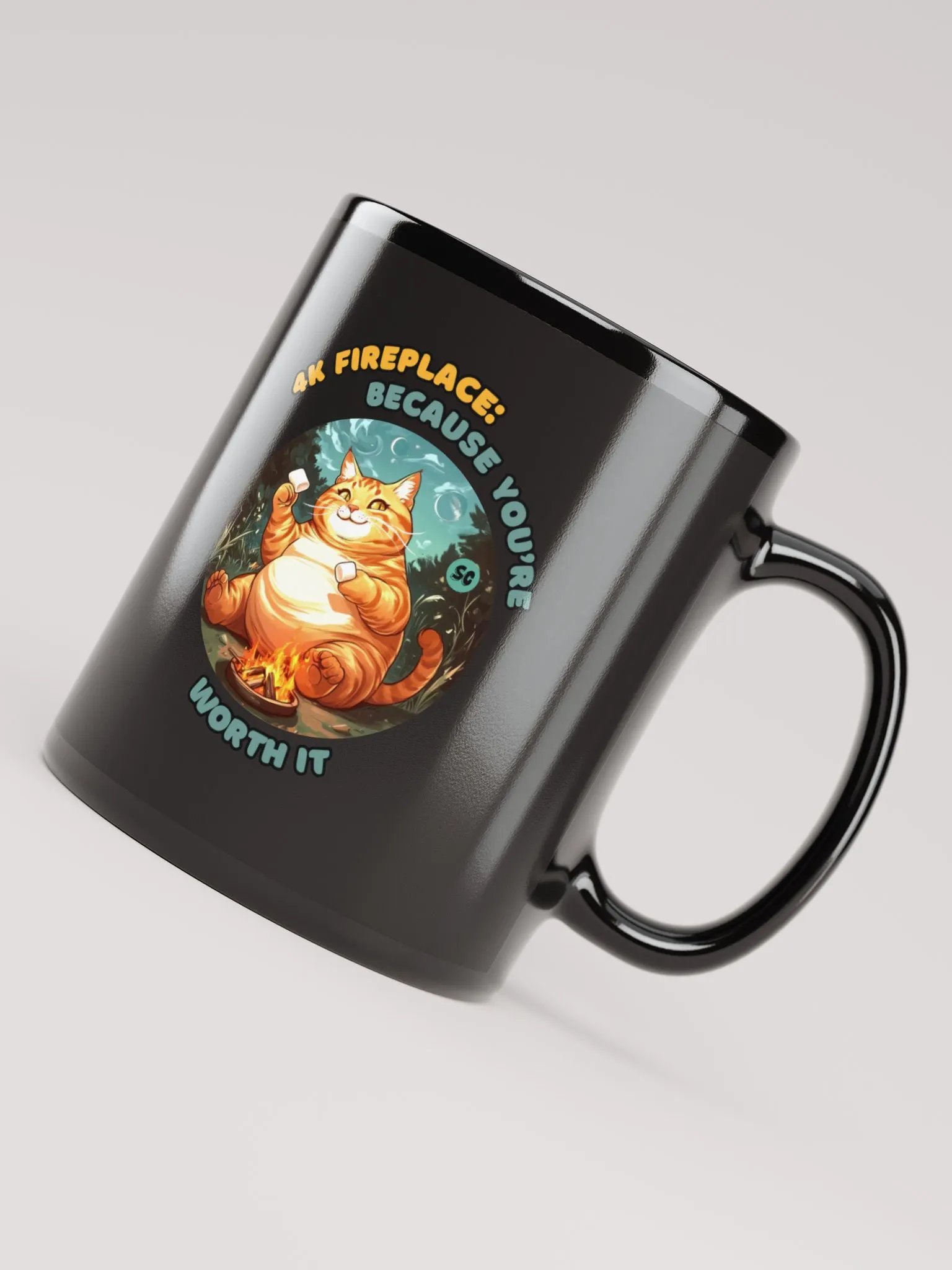 Cozy Cat - 4K Fireplace: Because You're Worth It | Black Glossy Mug product image (8)