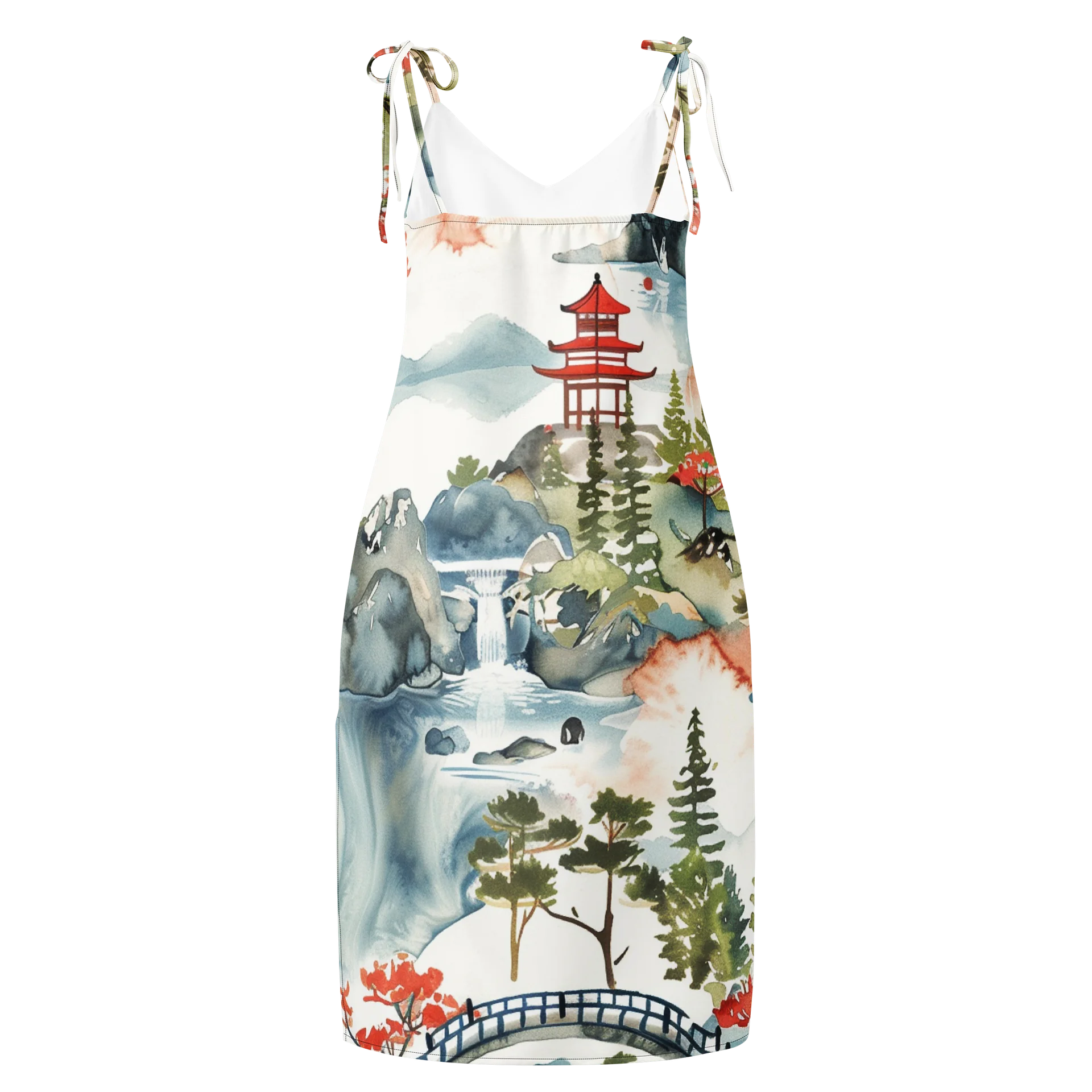 Japanese Pagoda Watercolor Midi Slip Dress | Chiffon Landscape Dress product image (2)