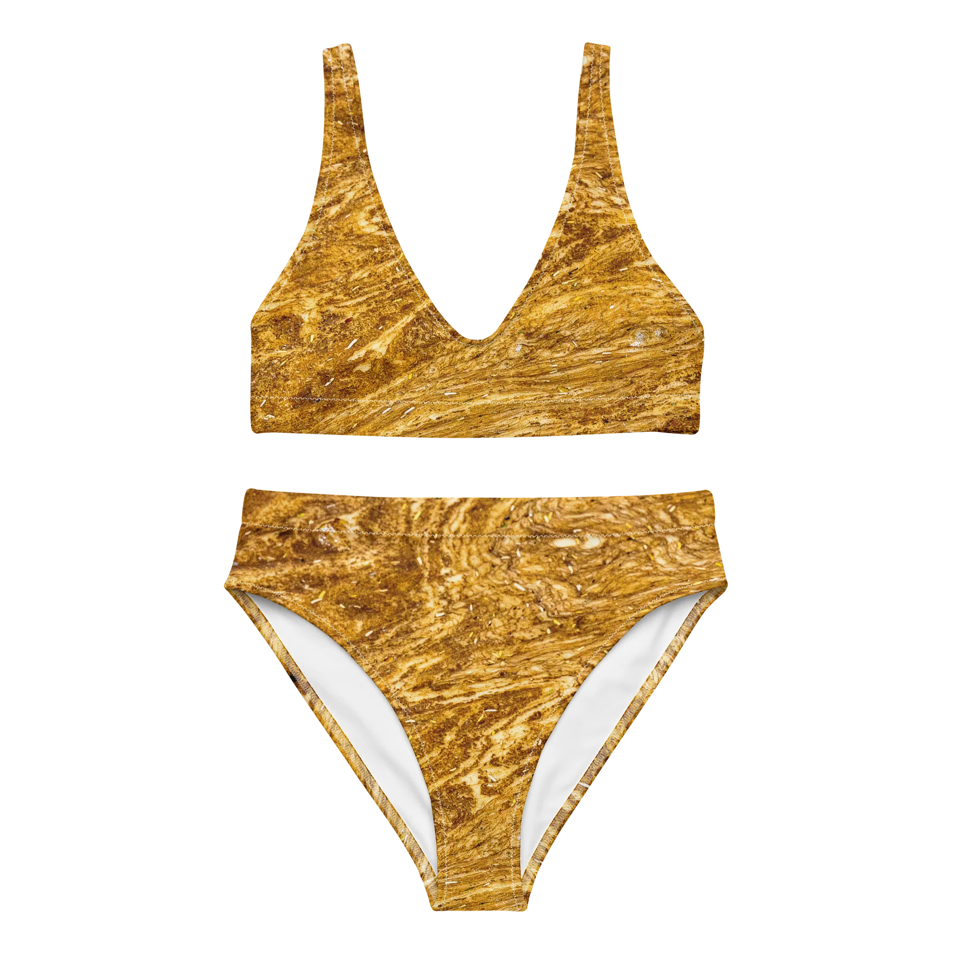 Golden Strata: Golden Amber Marble High-Waisted Bikini Set | All-Over Print Recycled Swimsuit | Eco-Friendly Earthy Ochre Two-Piece product image (1)