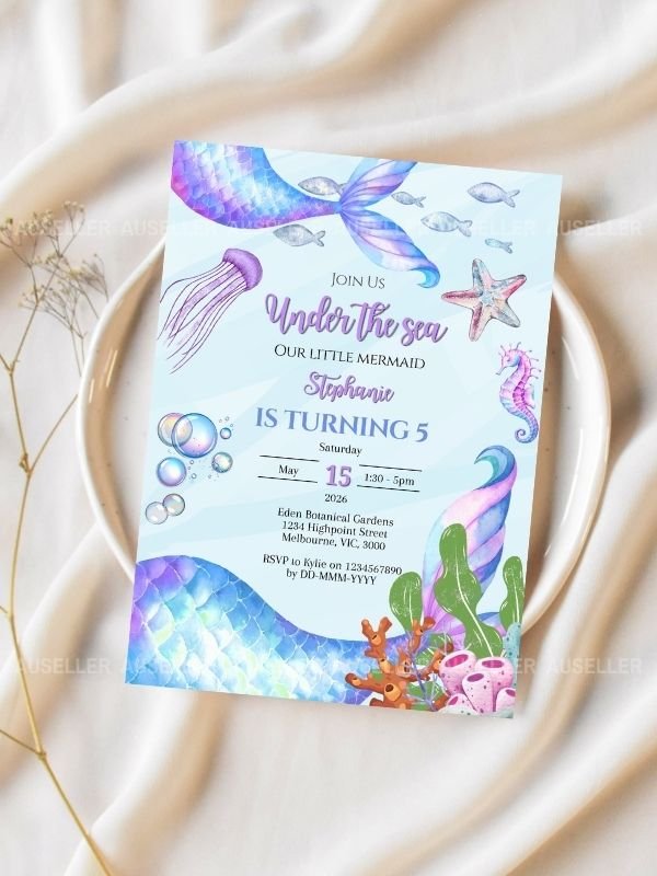 Under The Sea Mermaid Birthday Invitation and Printable Treat Bag and Envelope product image (2)
