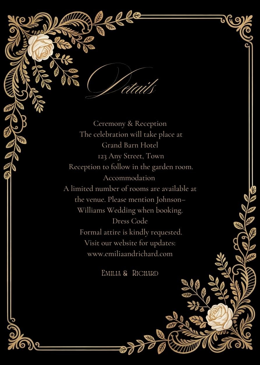 Editable Vintage Wedding Invitations | Edit in Canva | Instant Download Template | Black Gold Floral Rose product image (9)