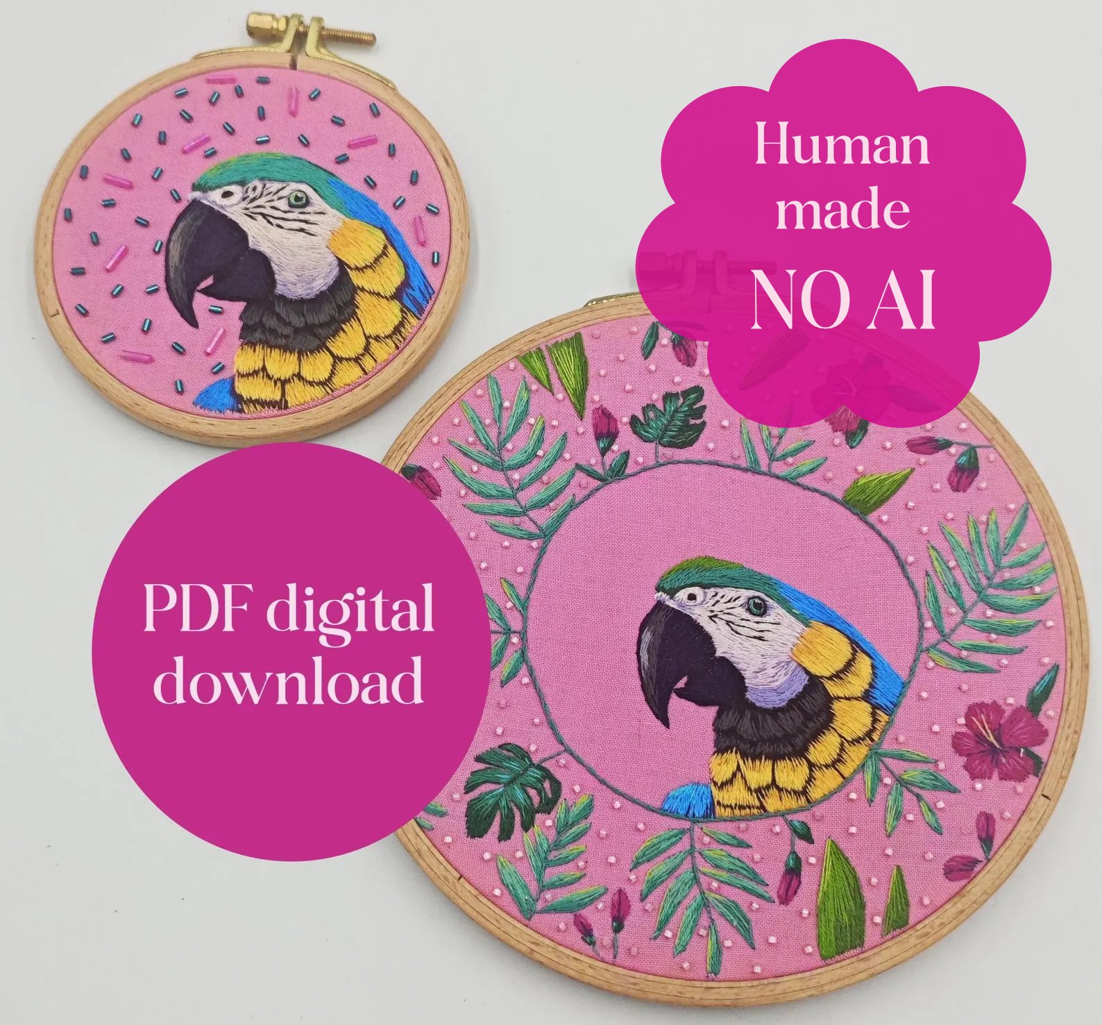 Parrot PDF embroidery pattern, step by step instructions for thread painted macaw product image (1)