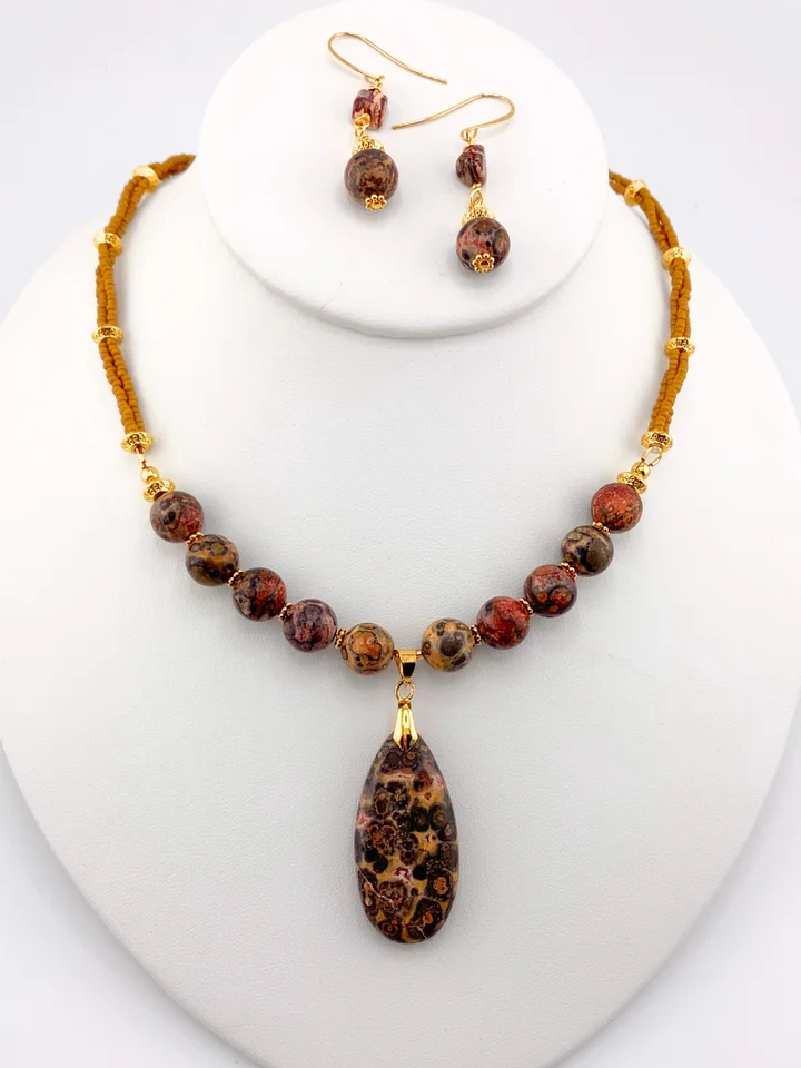 Leopard Jasper Beaded Pendant Necklace Set product image (1)