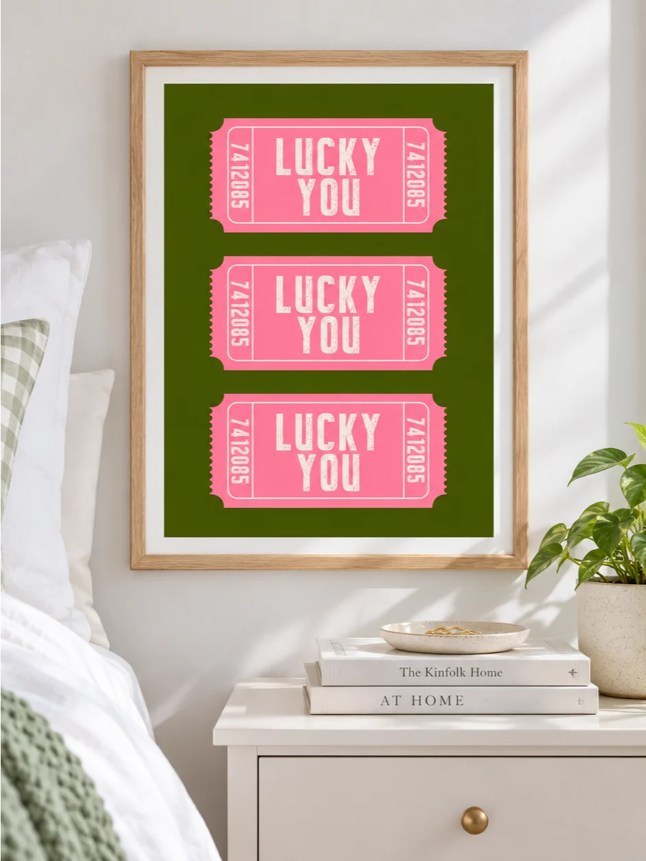 Lucky You Poster, Pink Green Ticket Wall Art, Retro Typography Print, Funky Dopamine Decor, Bright Printable Bedroom Art, Gallery Wall Print product image (3)