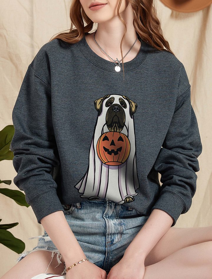 Funny Halloween English Mastiff Sweatshirt | Funny English Mastiff Wearing a Ghost Costume and Holding a Pumpkin Basket product image (2)