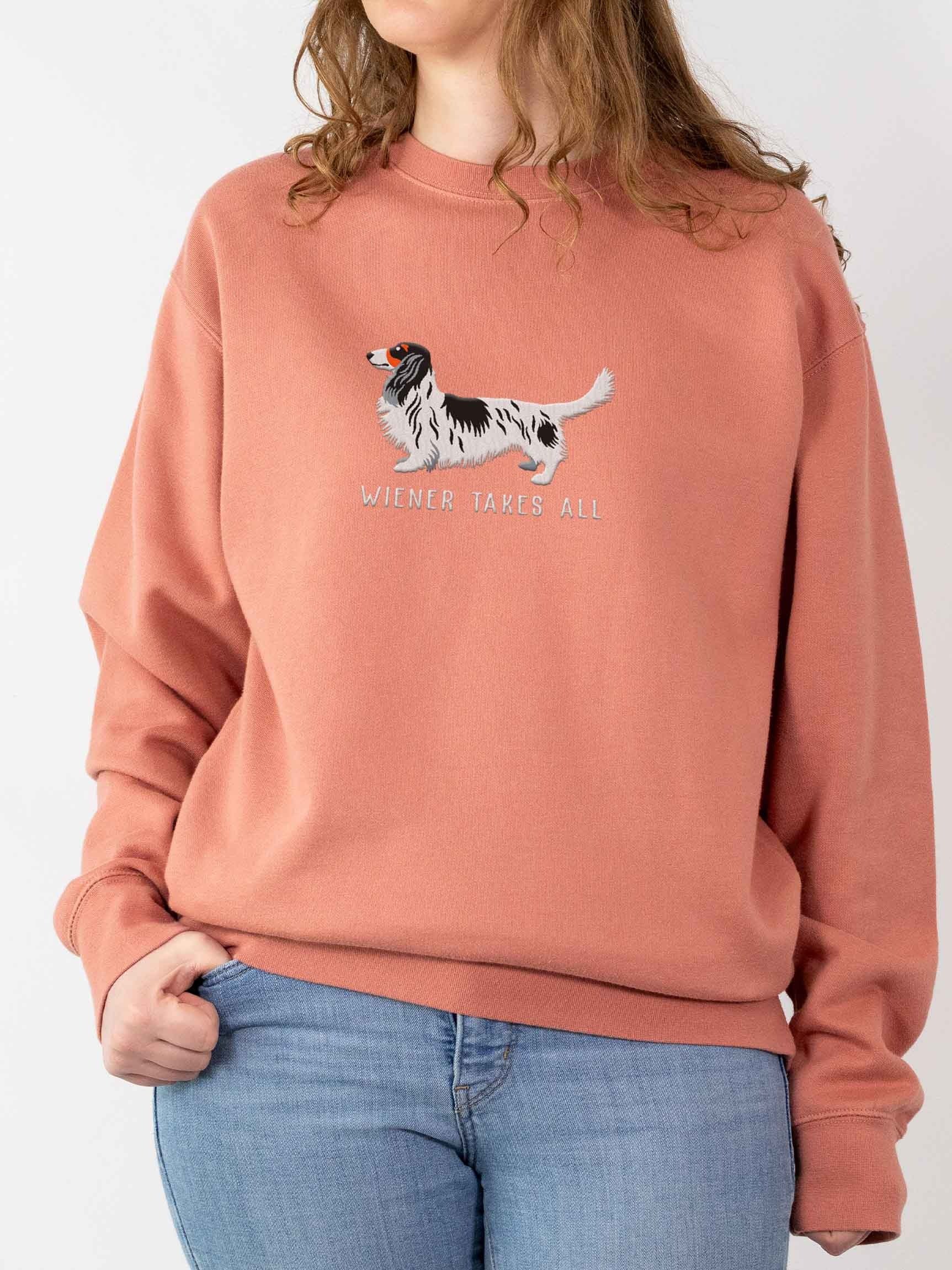 Wiener Takes All Sweatshirt (Embroidered) of a Longhaired Dachshund(Pied Black & White) product image (2)
