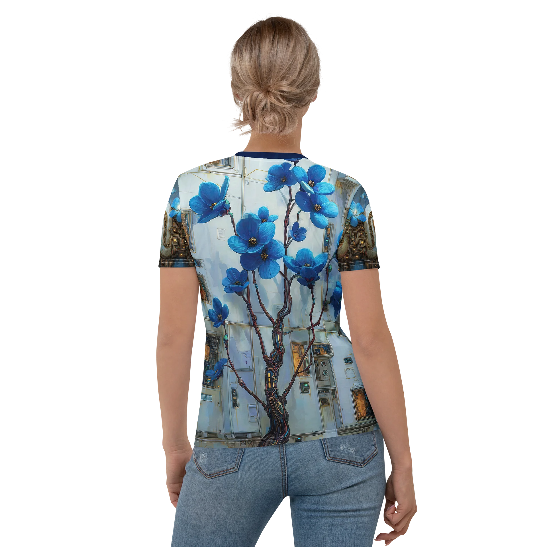 Vitruvian Custodian — Techno-Classical Relic Portrait T-Shirt | Ancient Circuit Figure in Blue & Stone product image (3)