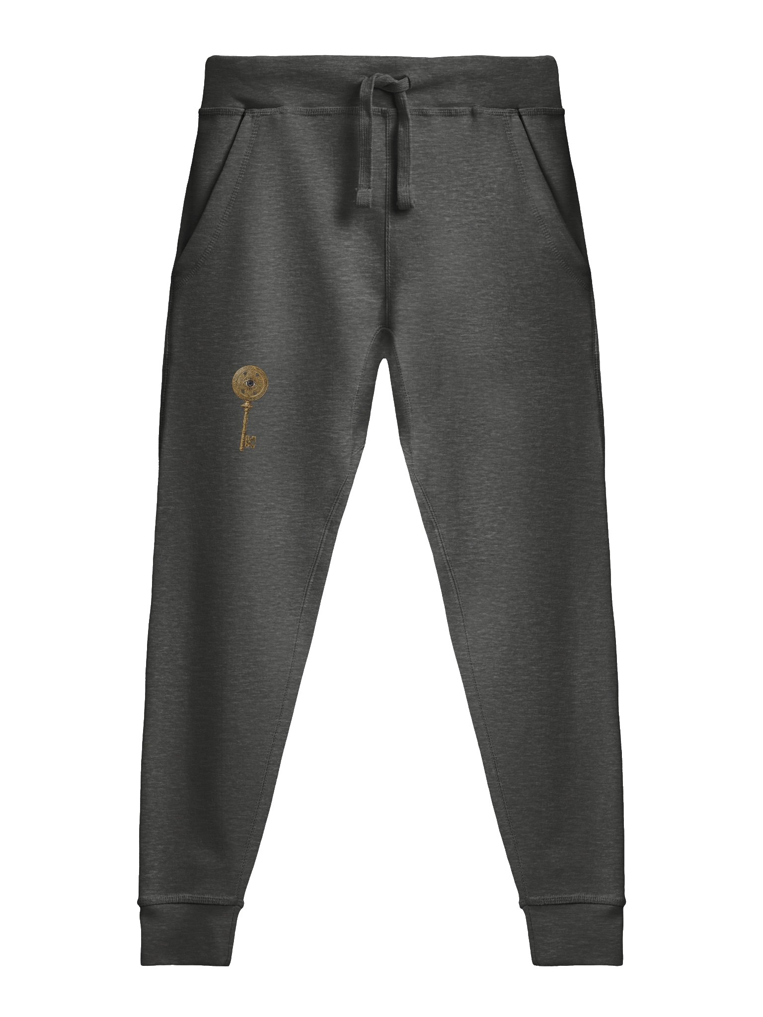 The Gatekeeper’s Key Fleece Joggers – Right Thigh & Back Lower Leg Print | Charcoal Heather | product image (1)