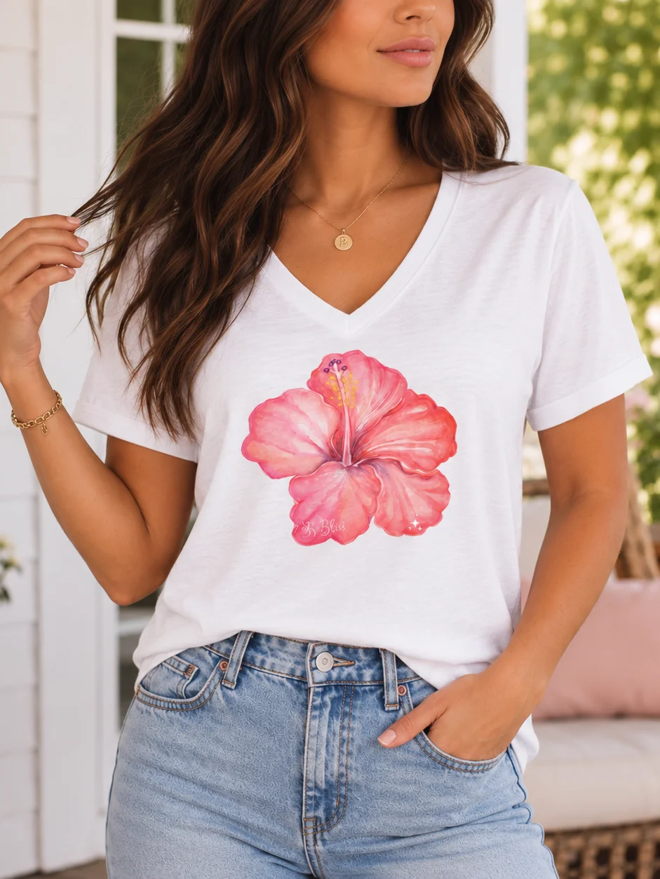 Pink Hibiscus V-Neck T-Shirt product image (2)