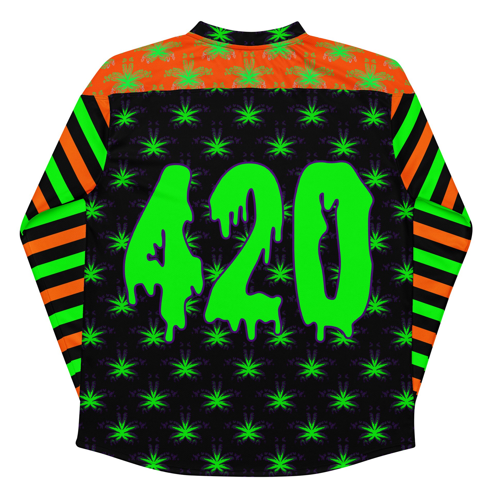 420 Halloween Hockey Jersey, Creepy Cannabis Clothes, Weed Leaf Fall Festival Fashion, Stoner Rave Stripe Shirt, Orange Black Green EDM Wear product image (8)