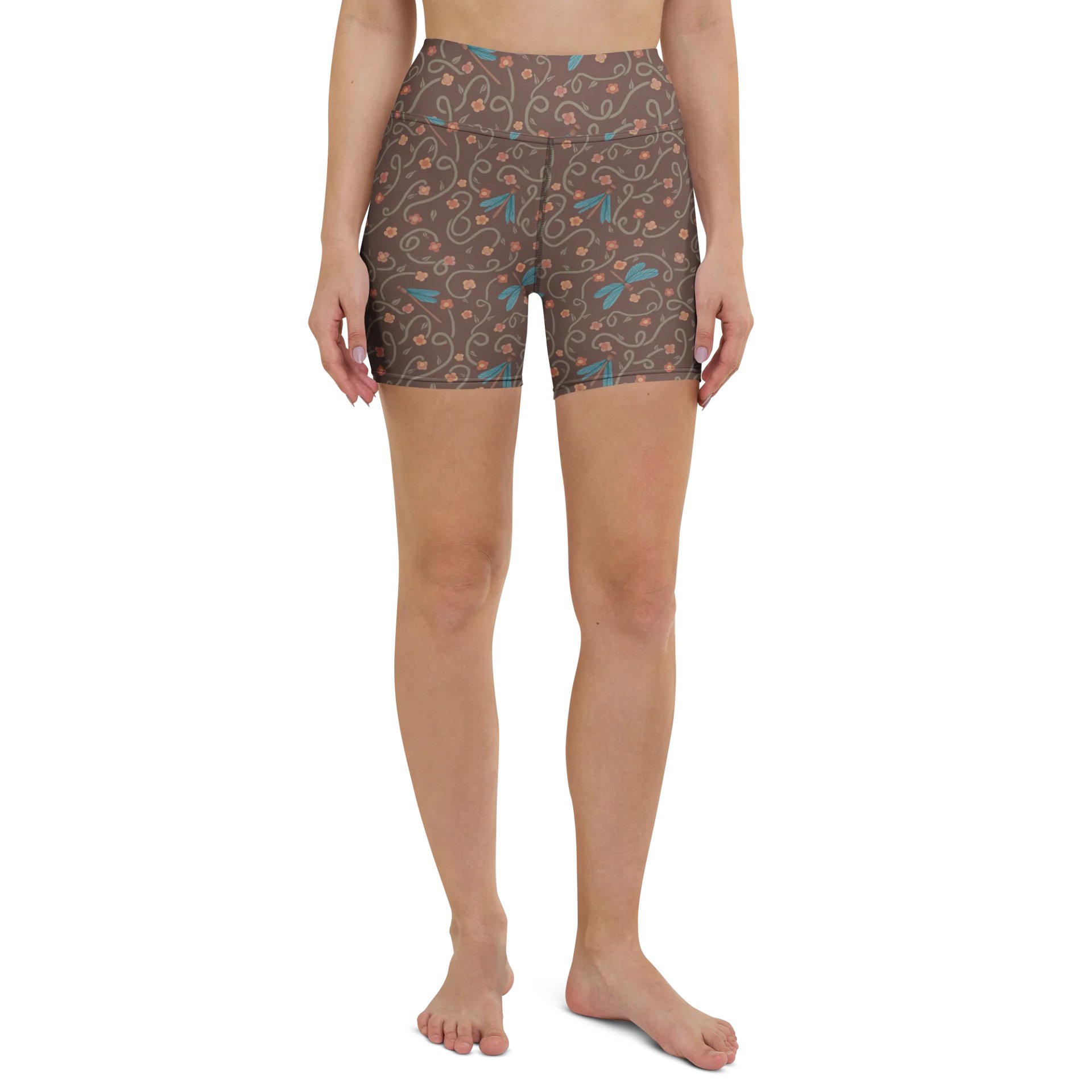 Print yoga shorts with dragonflies and floral pattern. Artistic activewear product image (2)