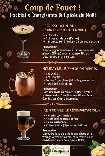 Pour tenir toute la nuit de réveillon, voici des cocktails énergisants et épicés : Espresso Martini, Holiday Mule au gingembr...