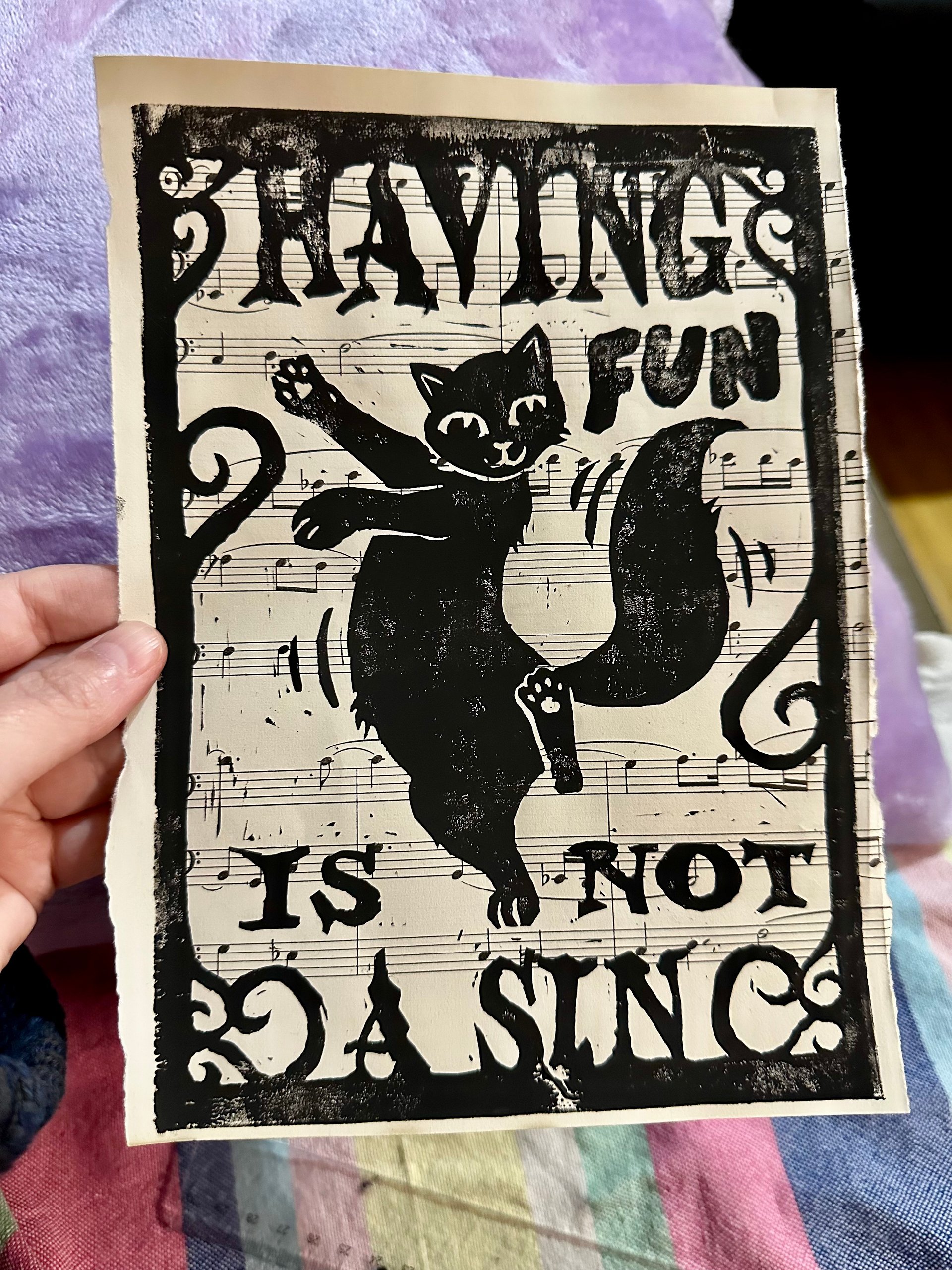 HAVING FUN IS NOT A SIN dancing cat original lino print (14) product image (2)