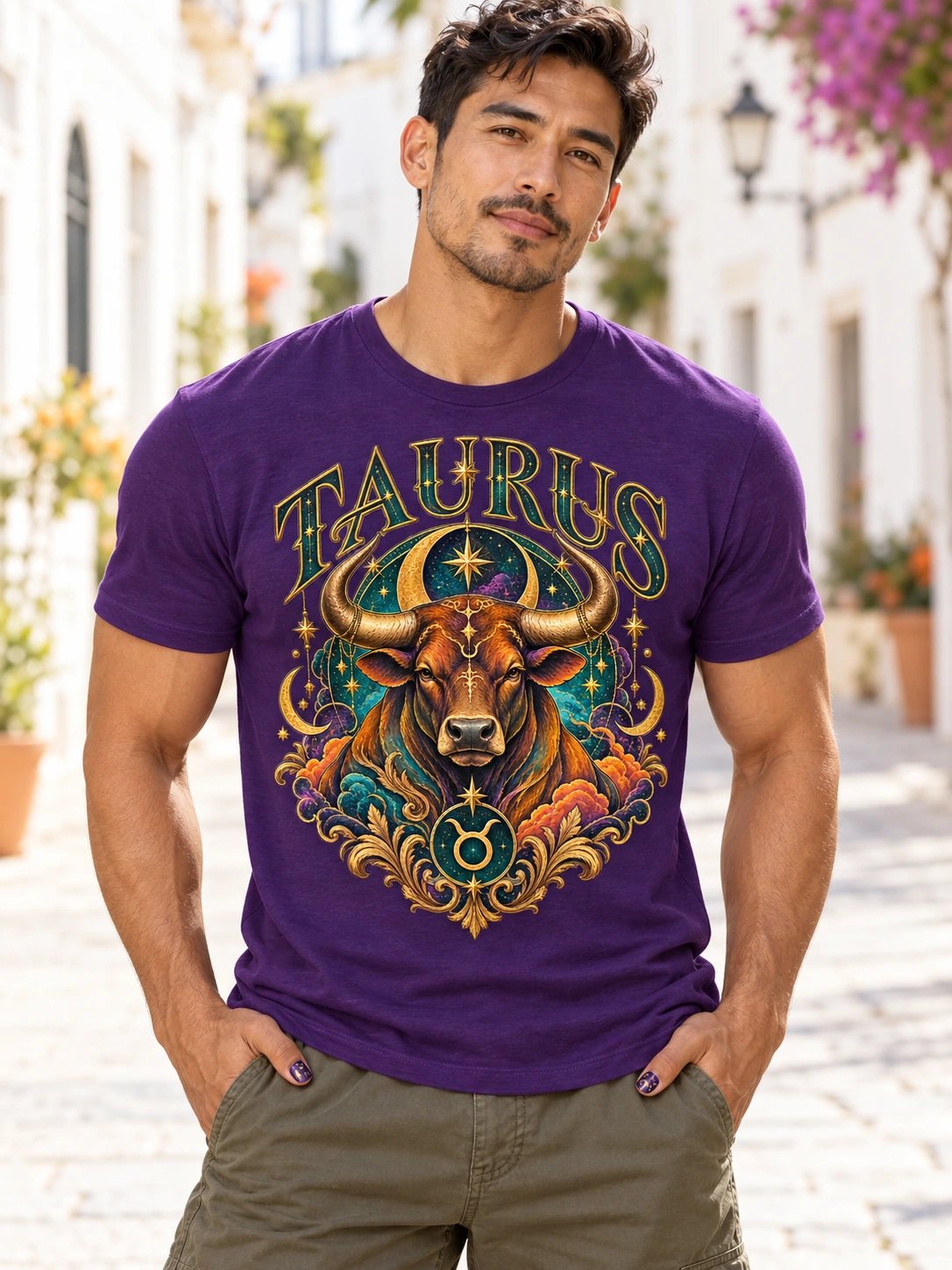 Taurus Zodiac T-Shirt With Ornate Celestial Bull Art product image (2)