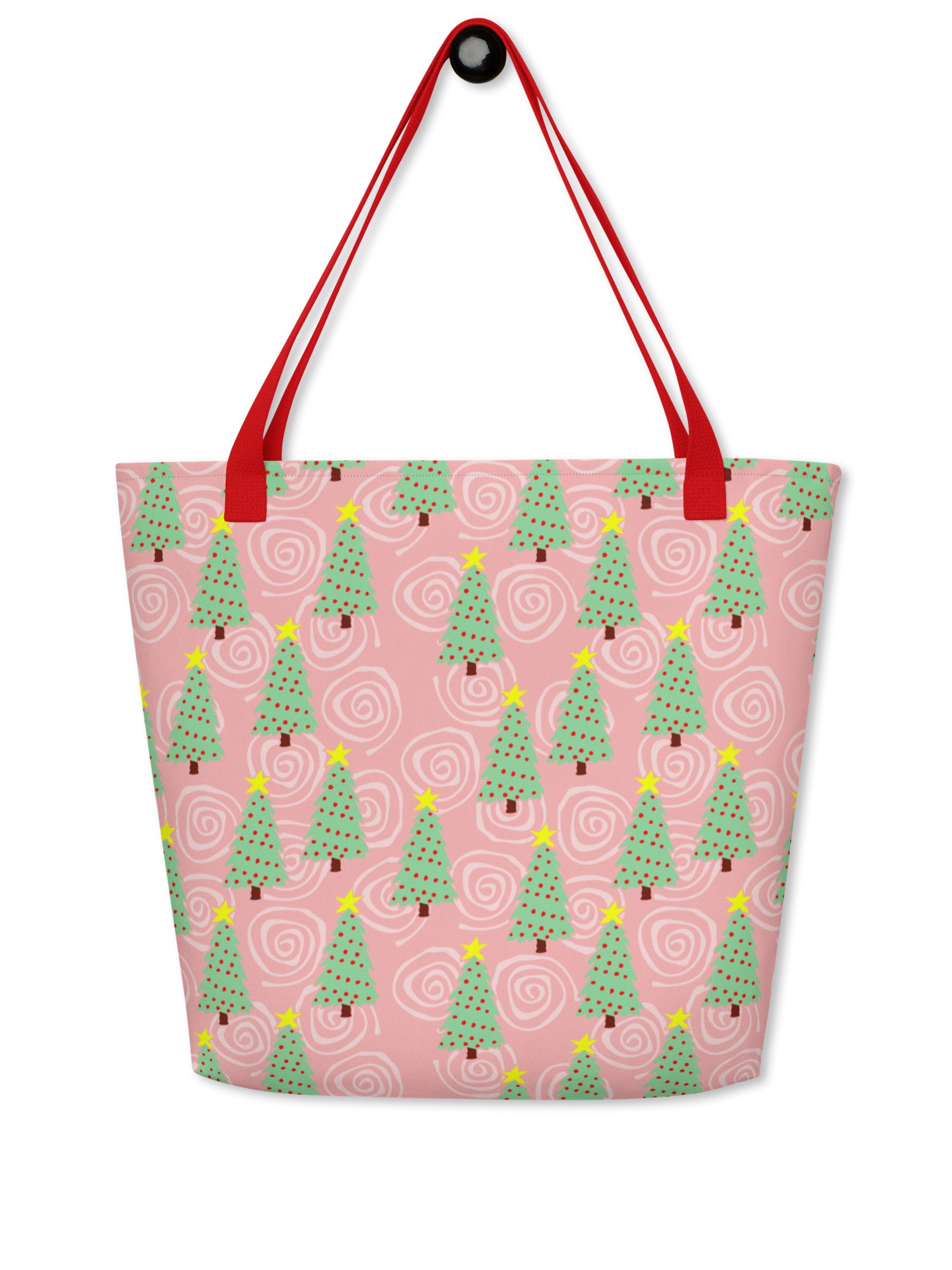Green Christmas Trees on Christmas Pink with Swirls – Large Tote Bag product image (1)