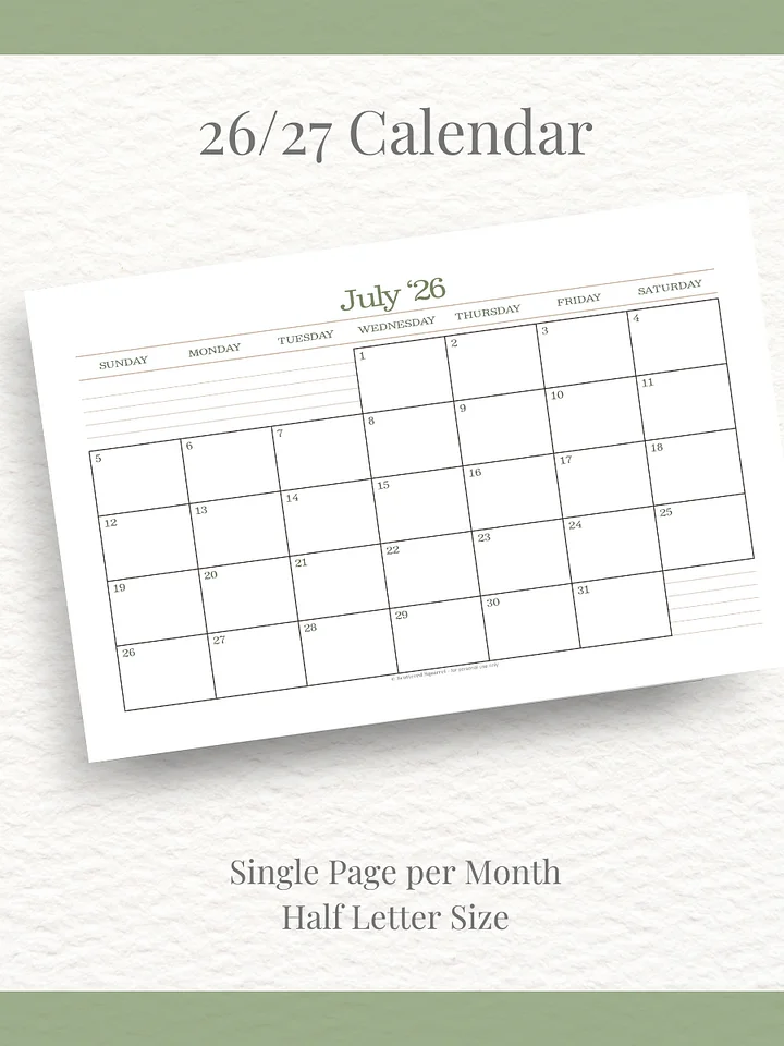 Forest Simplicty - 26/27 Calendar - Single Page per Month - Half Letter Size product image (1)