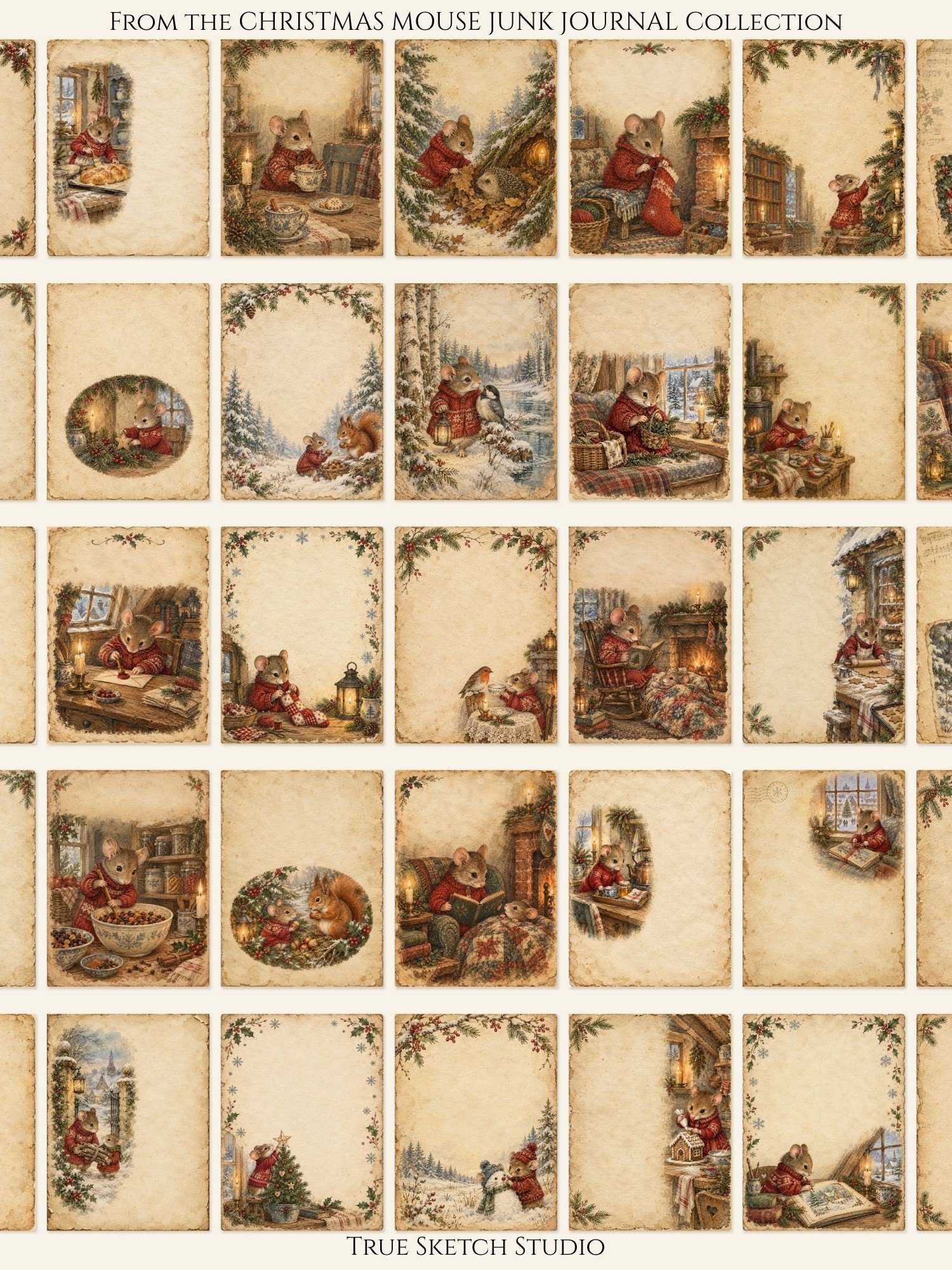 500 Christmas Mouse Junk Journal Pages, Vintage Storybook Ephemera, Winter Digital Paper, Printable Scrapbook Bundle, Cozy Holiday Craft Kit product image (3)