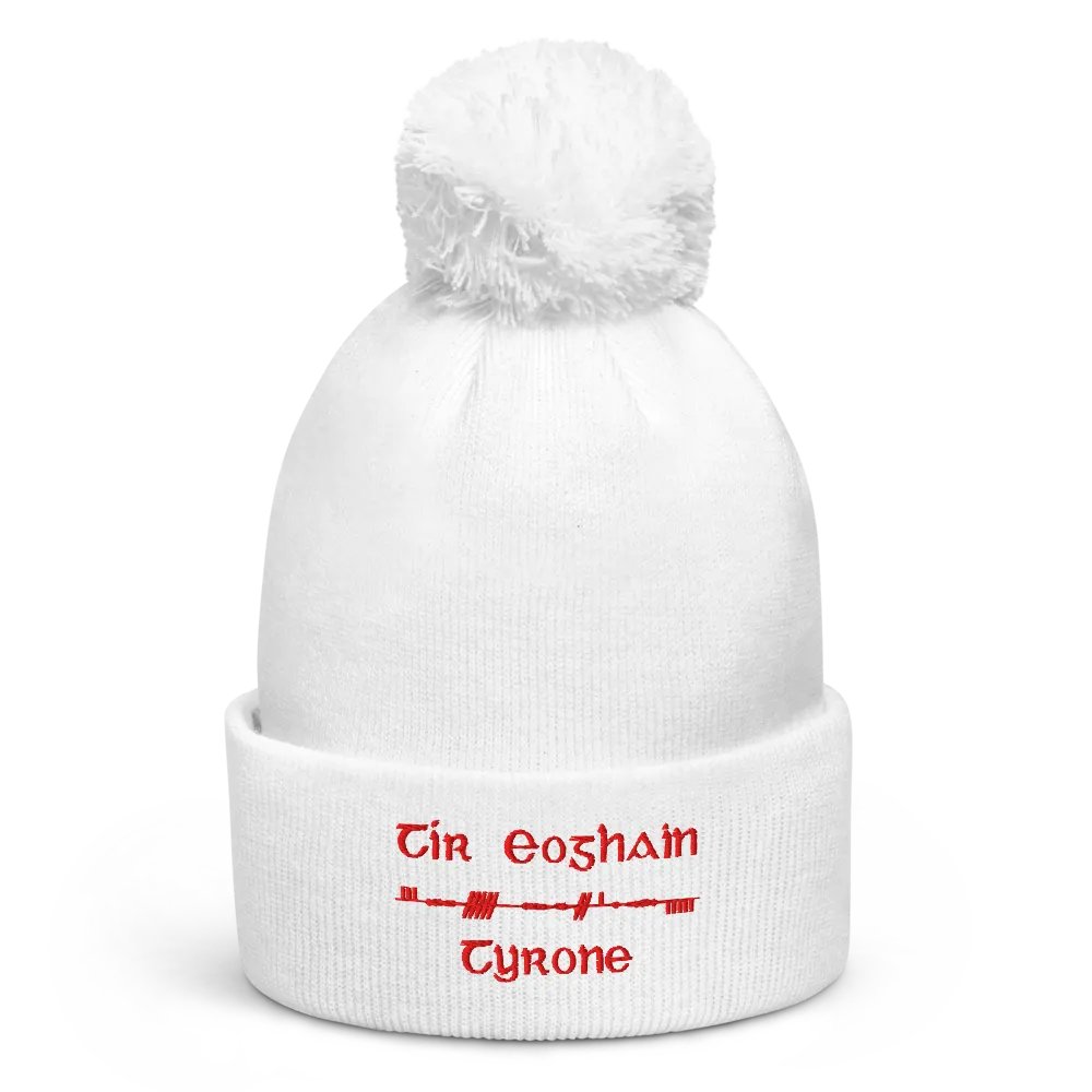 Tyrone/Tír Eoghain Scholastic style Ogham, white with red, embroidered Pom-Pom Beanie product image (1)