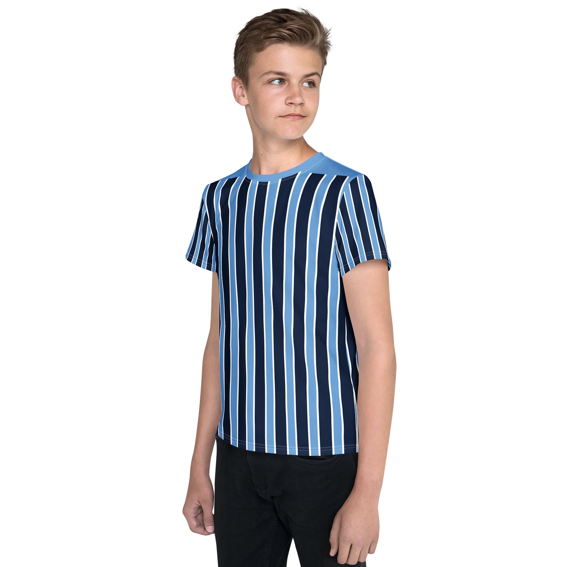 All-Over Navy Blue Stripe Youth Crew Neck T-Shirt product image (3)