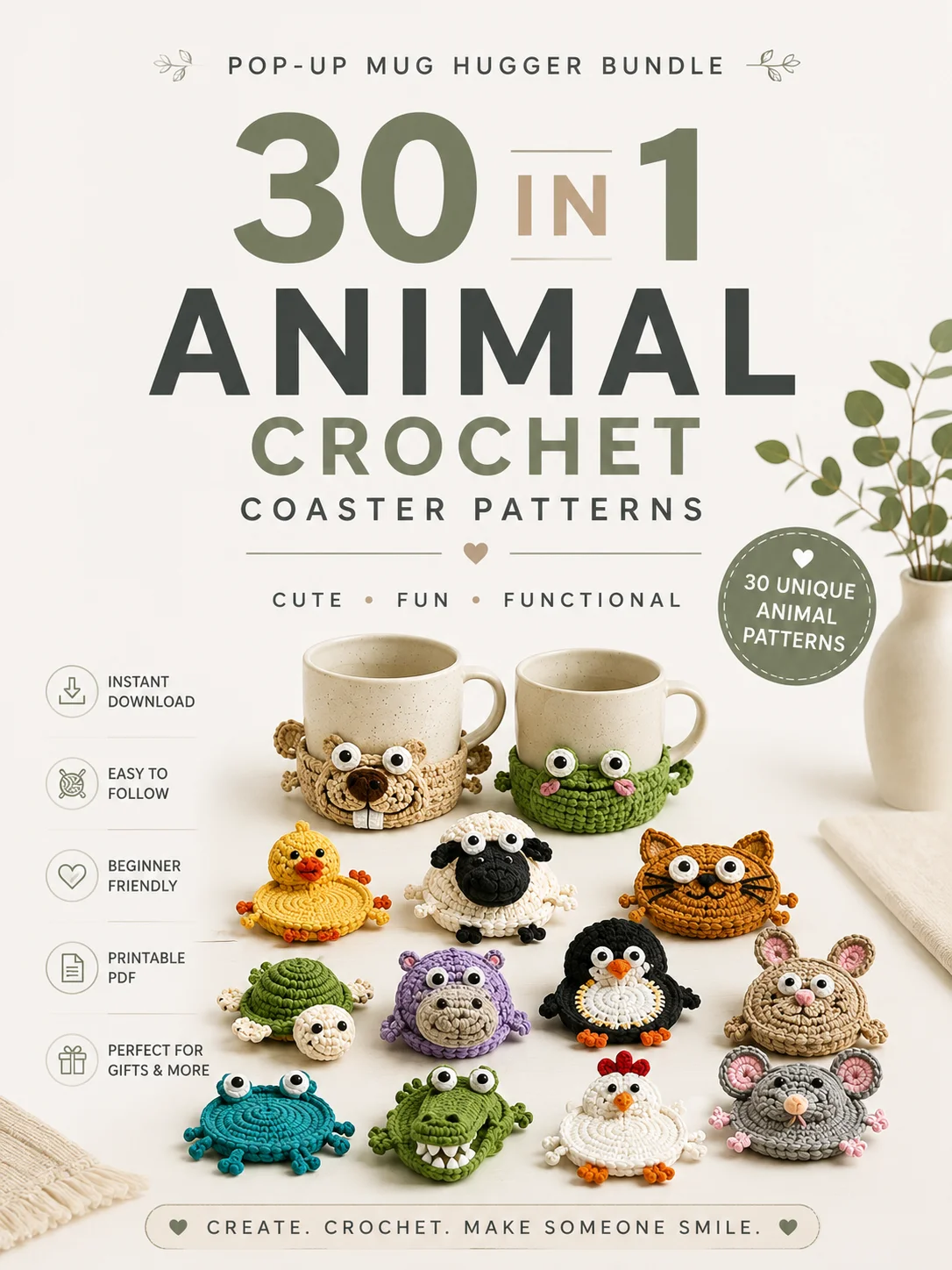 30-in-1 Animal Crochet Coaster Patterns | Pop-Up Mug Hugger Bundle product image (3)