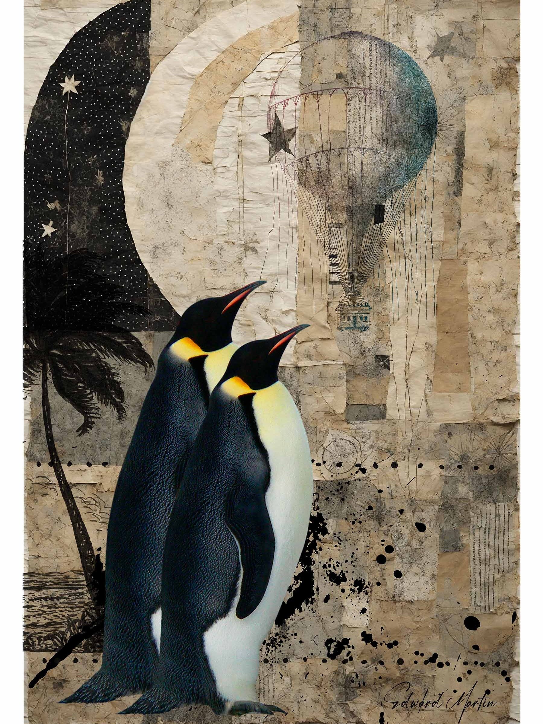 'Visitors' by Edward Martin Mixed Media Collage Print: Whimsical Penguins Enhanced Poster product image (1)