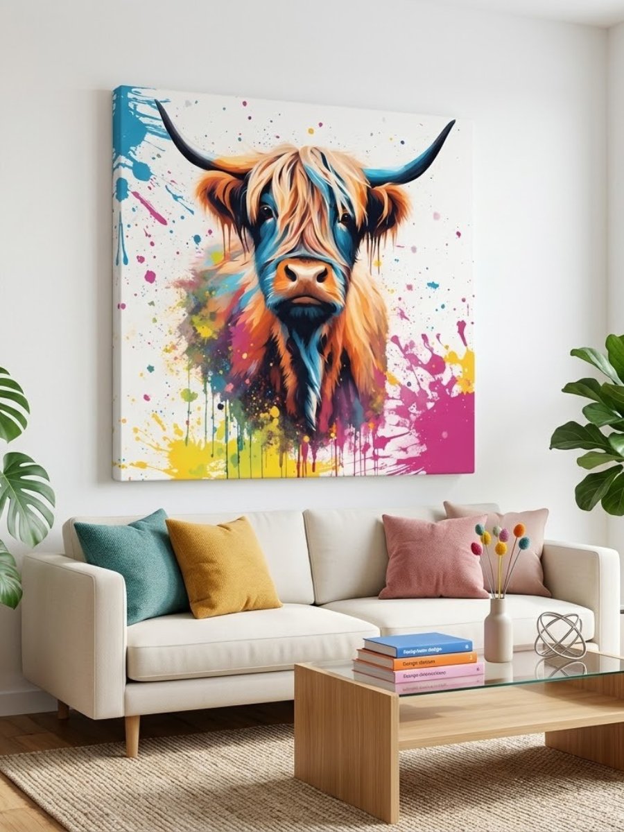 Multi Coloured Paint Splash Highland Cow Wall Art product image (1)