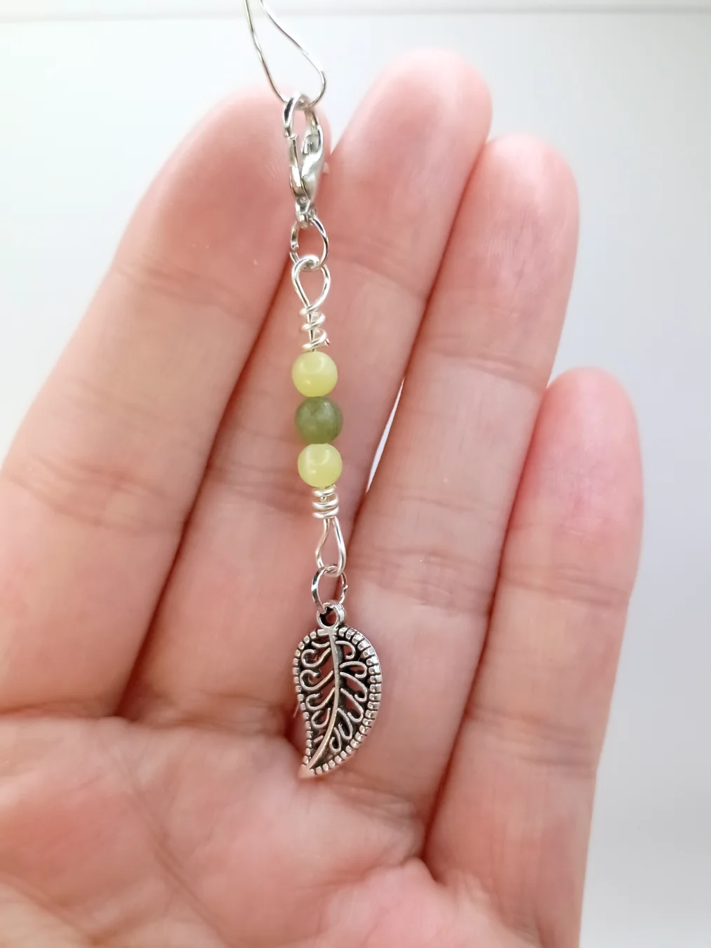 Leaf Notebook Charm | Green & Lemon Jade, Silver-Tone | Stitch Marker | Zipper Pull product image (3)
