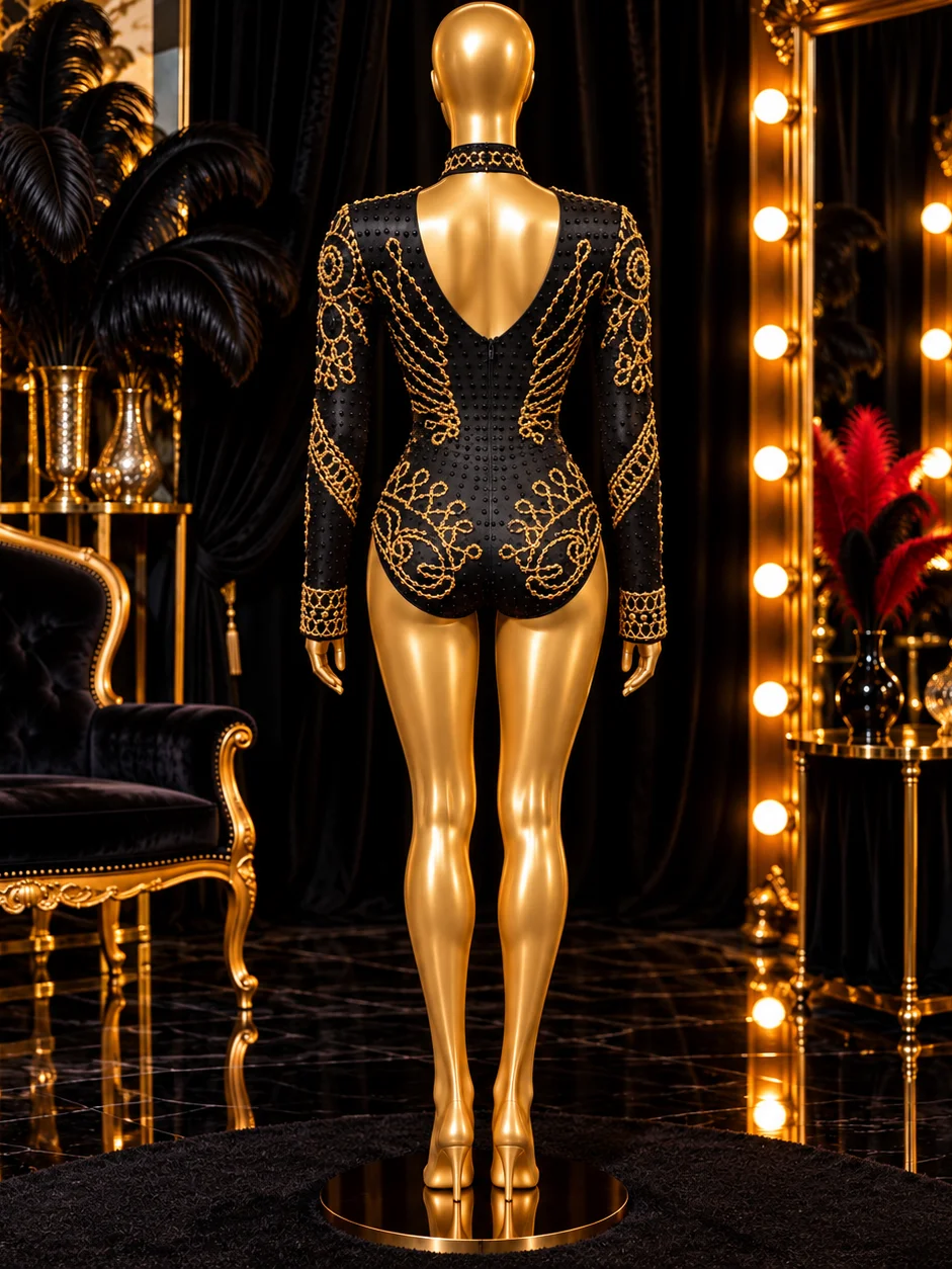 Black & Gold Crystal Showgirl Bodysuit – Long Sleeve High Neck Stage Costume product image (4)